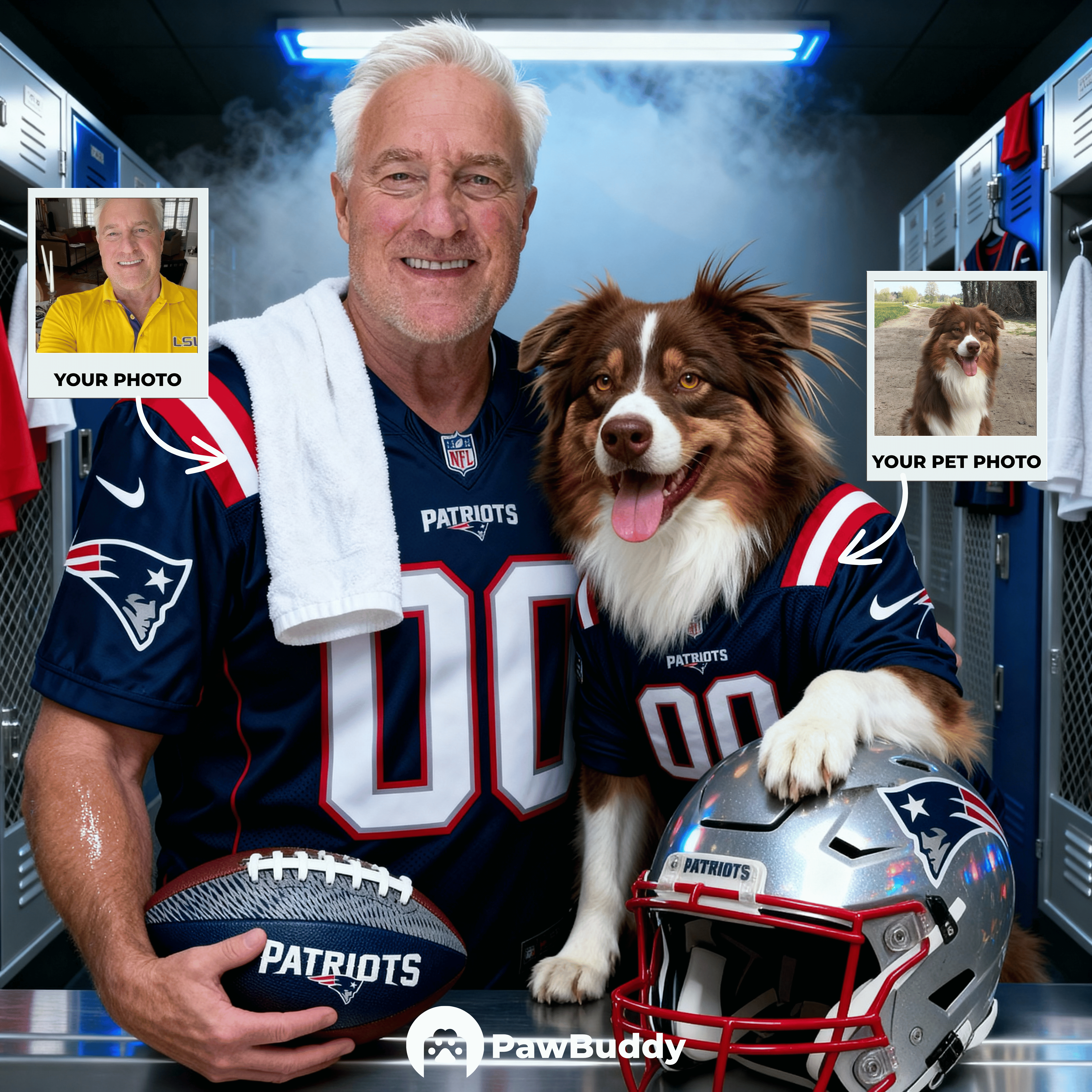Custom Human & Pet Portrait Patriot Pride Football Digital Artwork -  Personalized High Resolution Artwork for Pet Lovers, Perfect for Online Sharing or as a Unique Sports Keepsake