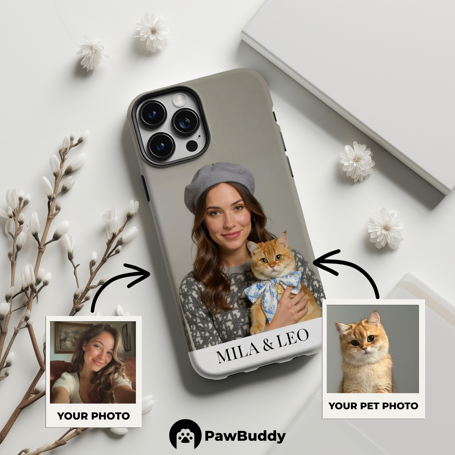 Custom Human & Pet Phone Case for iPhone 11–17, Personalized Elegant French Beret Studio Portrait Design, Dual-Layer Shockproof PC+TPU Protective Cover with Glossy Wraparound Printing, Unique Gift for Pet Lovers