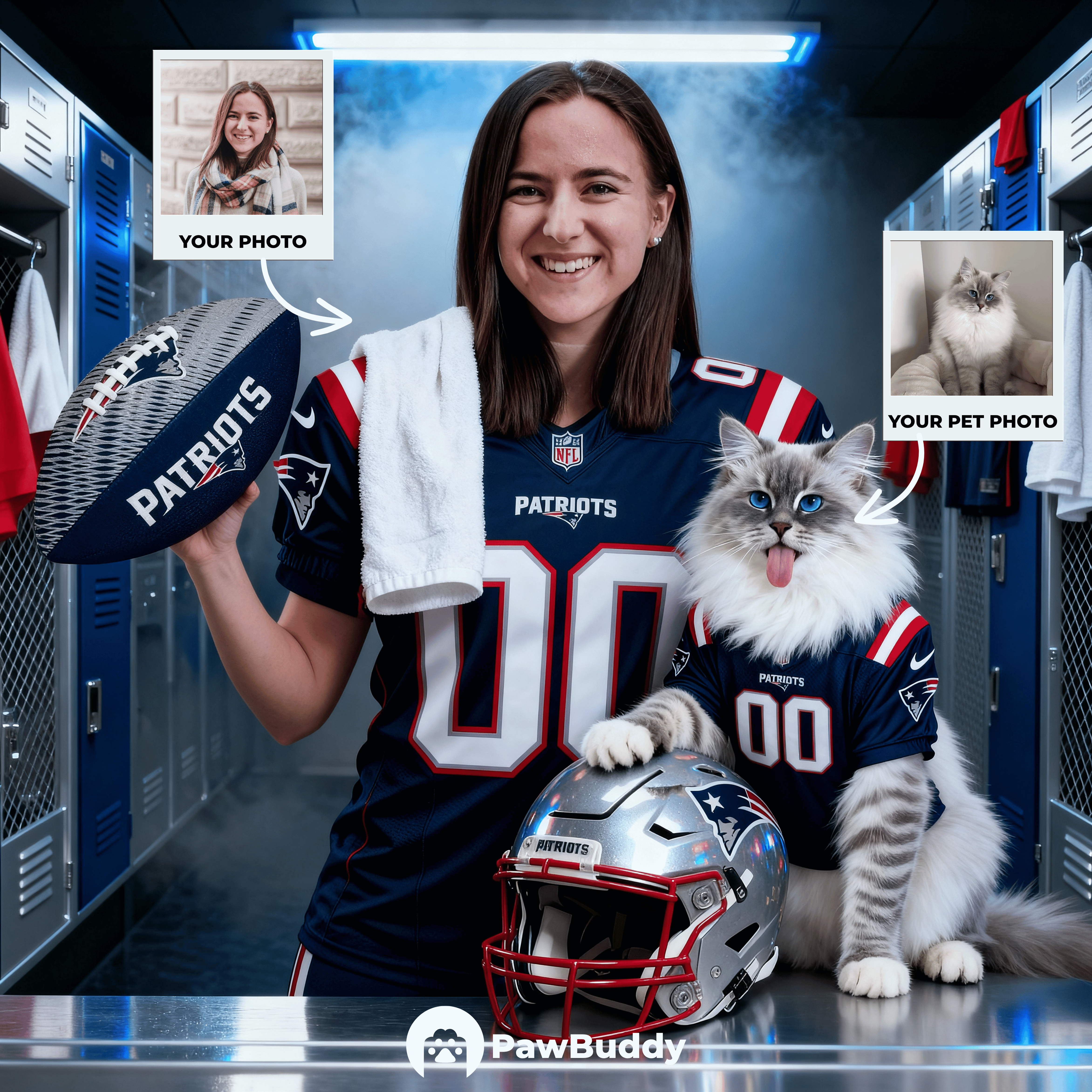Custom Human & Pet Portrait Patriot Pride Football Digital Artwork -  Personalized High Resolution Artwork for Pet Lovers, Perfect for Online Sharing or as a Unique Sports Keepsake