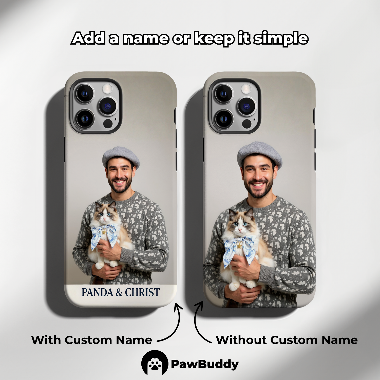 Custom Human & Pet Phone Case for iPhone 11–17, Personalized Elegant French Beret Studio Portrait Design, Dual-Layer Shockproof PC+TPU Protective Cover with Glossy Wraparound Printing, Unique Gift for Pet Lovers