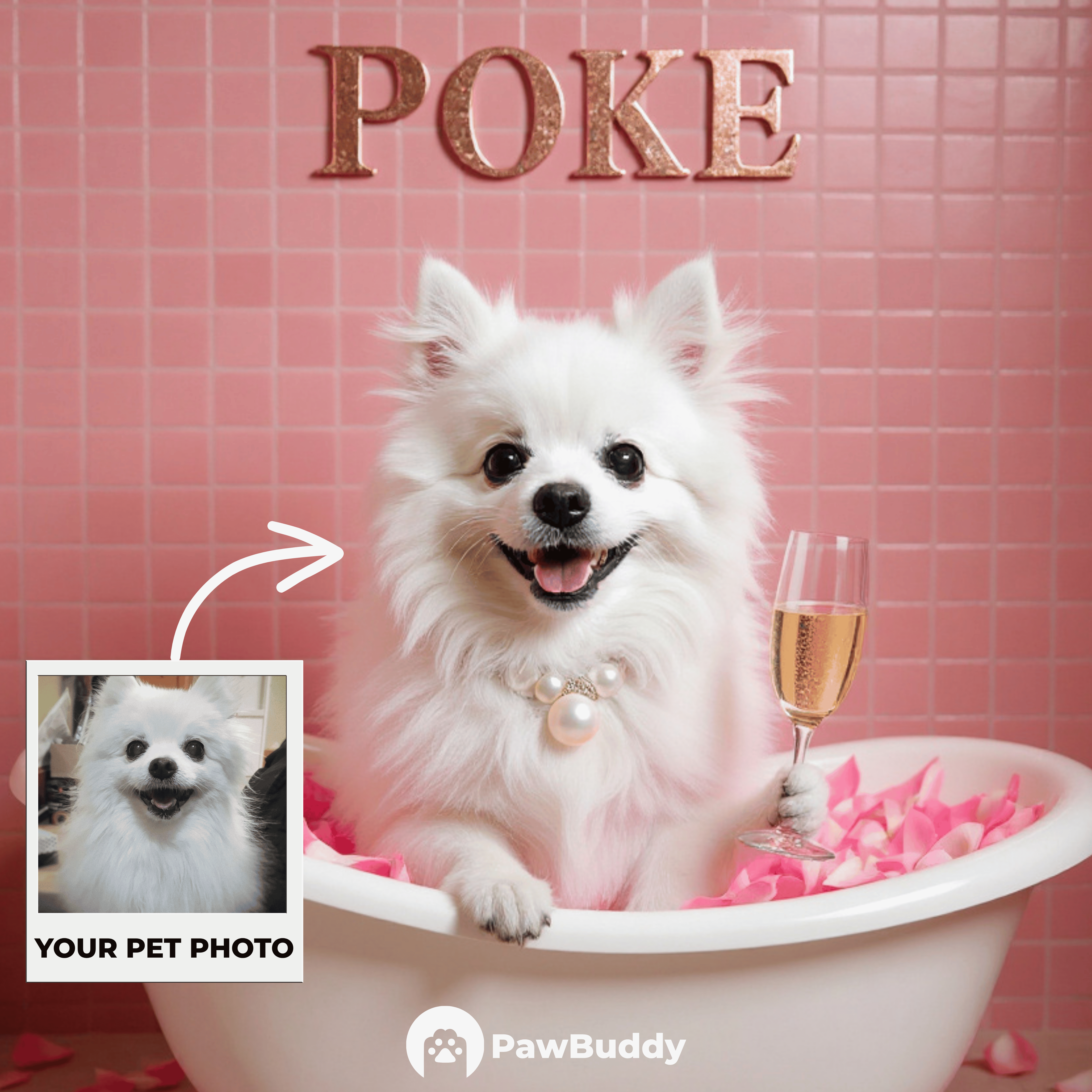 Custom Pet Portrait Pink Rose Bath Bliss Digital Artwork - Personalized High-Resolution Artwork for Pet Lovers, Perfect for Online Sharing or as a Unique Luxury-Themed Keepsake