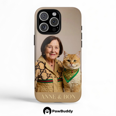 Custom Human & Pet Phone Case for iPhone 11–17, Personalized Classic Luxury Beige Studio Portrait Design, Dual-Layer Shockproof PC+TPU Protective Cover with Glossy Wraparound Printing, Unique Gift for Pet Lovers