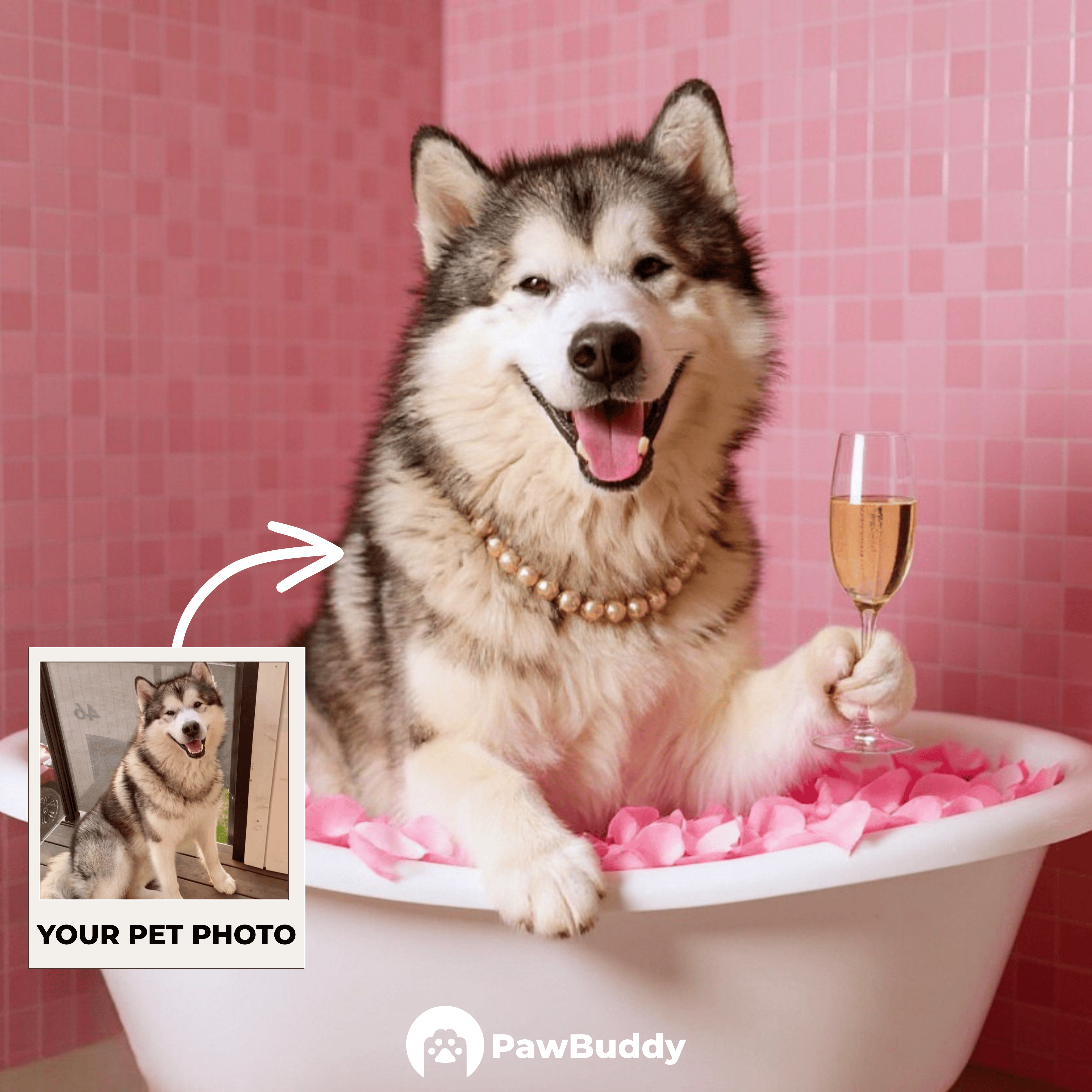 Custom Pet Portrait Pink Rose Bath Bliss Digital Artwork - Personalized High-Resolution Artwork for Pet Lovers, Perfect for Online Sharing or as a Unique Luxury-Themed Keepsake