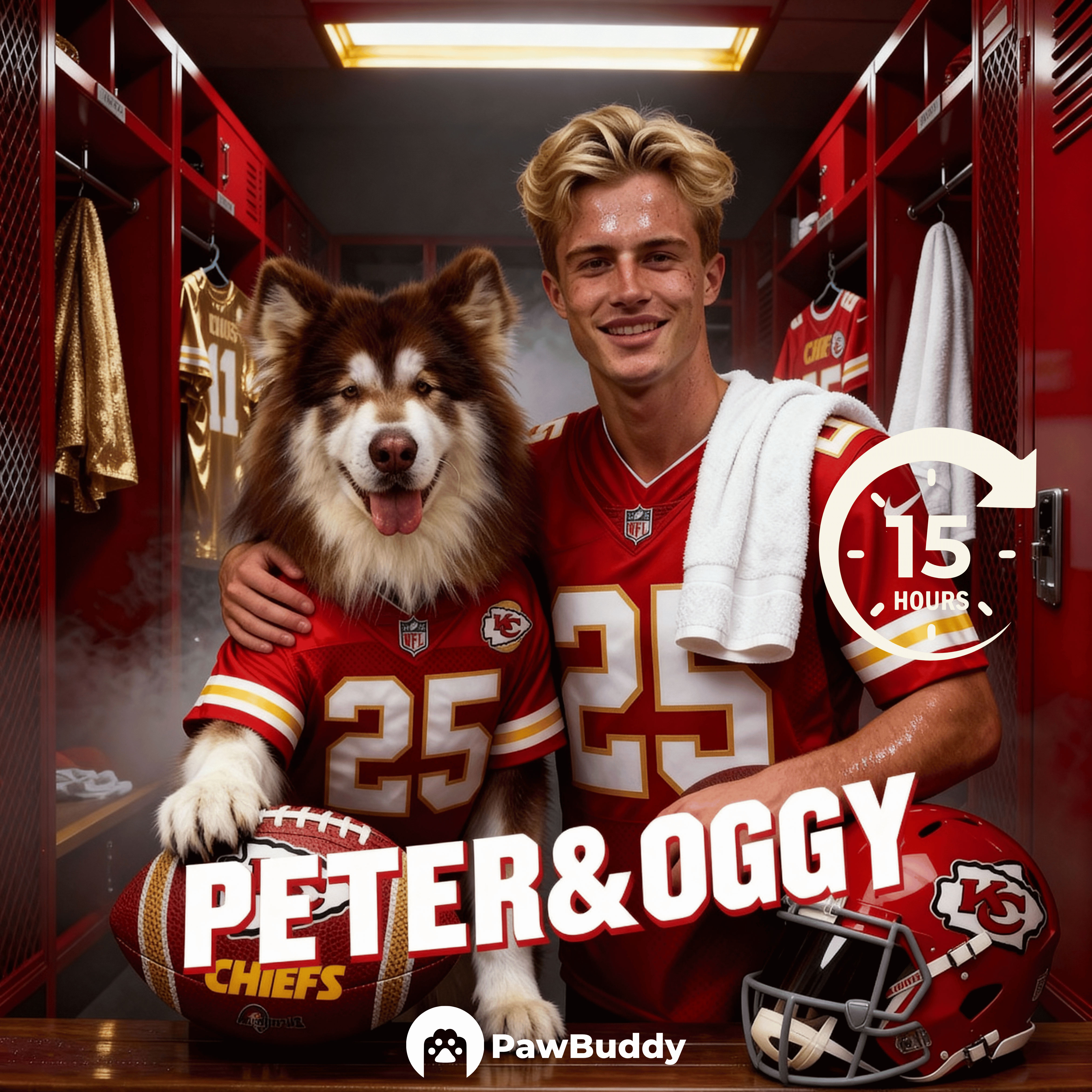 Custom Human & Pet Portrait Crimson Victory Football Digital Artwork - Personalized High-Resolution Artwork for Pet Lovers, Perfect for Online Sharing or as a Unique Sports Keepsake