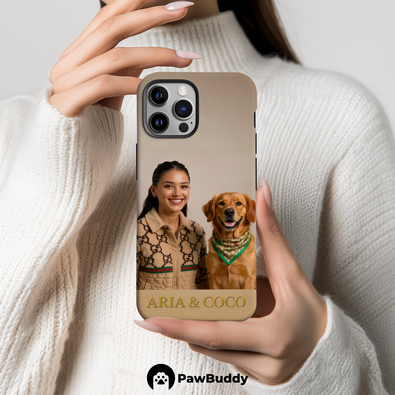Custom Human & Pet Phone Case for iPhone 11–17, Personalized Classic Luxury Beige Studio Portrait Design, Dual-Layer Shockproof PC+TPU Protective Cover with Glossy Wraparound Printing, Unique Gift for Pet Lovers