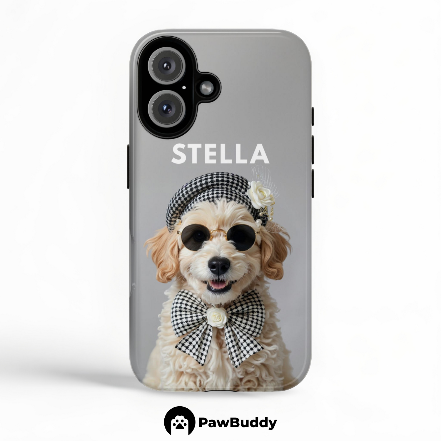 Custom Pet Phone Case for iPhone 11–17, Personalized Chic Gray Beret Studio Portrait Design, Dual-Layer Shockproof PC+TPU Protective Cover with Glossy Wraparound Printing, Unique Gift for Pet Lovers