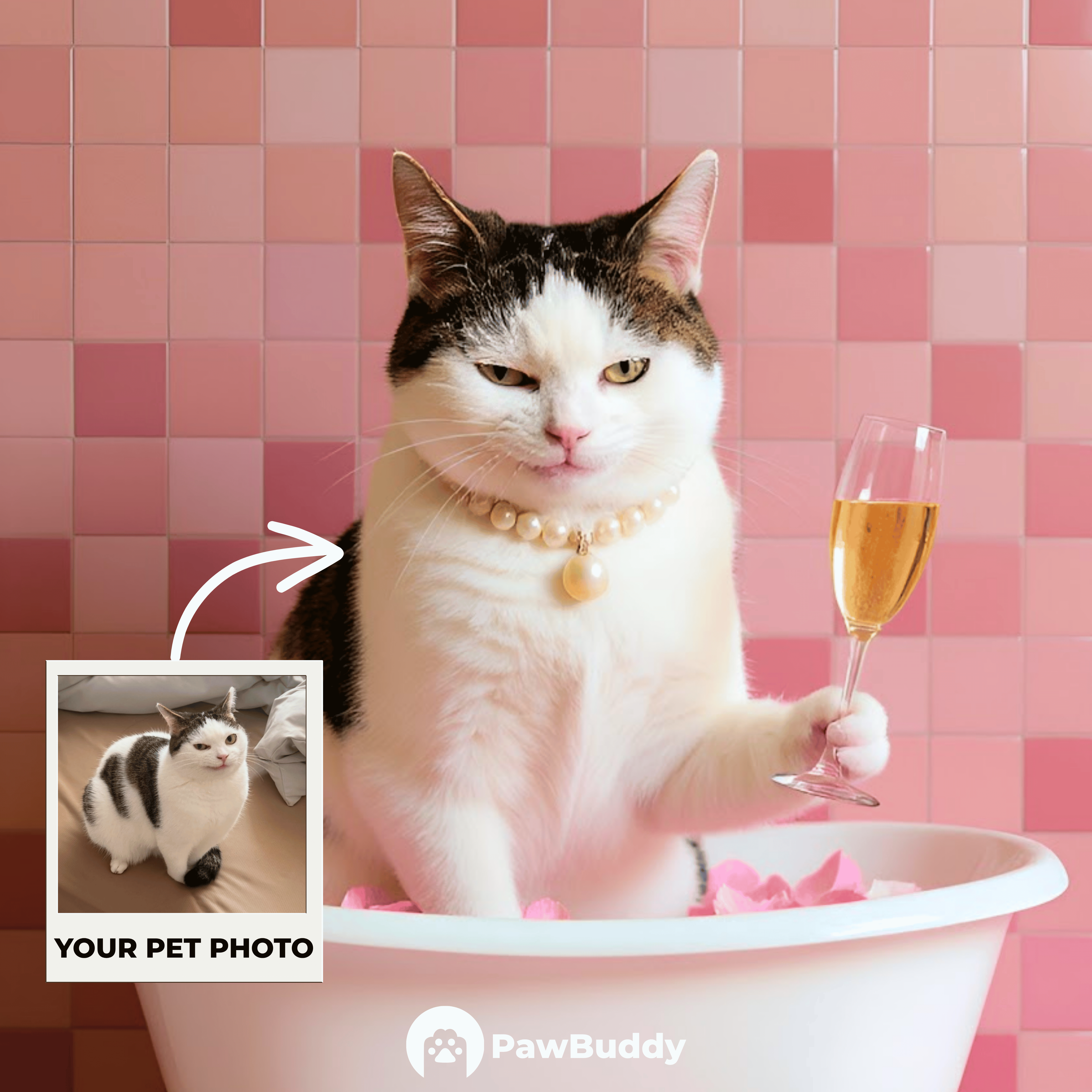 Custom Pet Portrait Pink Rose Bath Bliss Digital Artwork - Personalized High-Resolution Artwork for Pet Lovers, Perfect for Online Sharing or as a Unique Luxury-Themed Keepsake