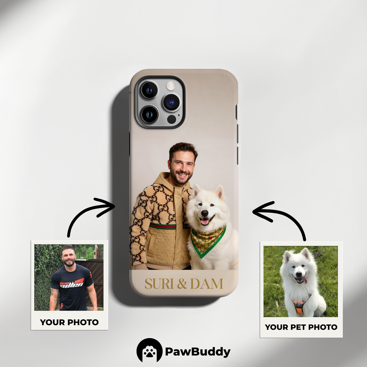 Custom Human & Pet Phone Case for iPhone 11–17, Personalized Classic Luxury Beige Studio Portrait Design, Dual-Layer Shockproof PC+TPU Protective Cover with Glossy Wraparound Printing, Unique Gift for Pet Lovers
