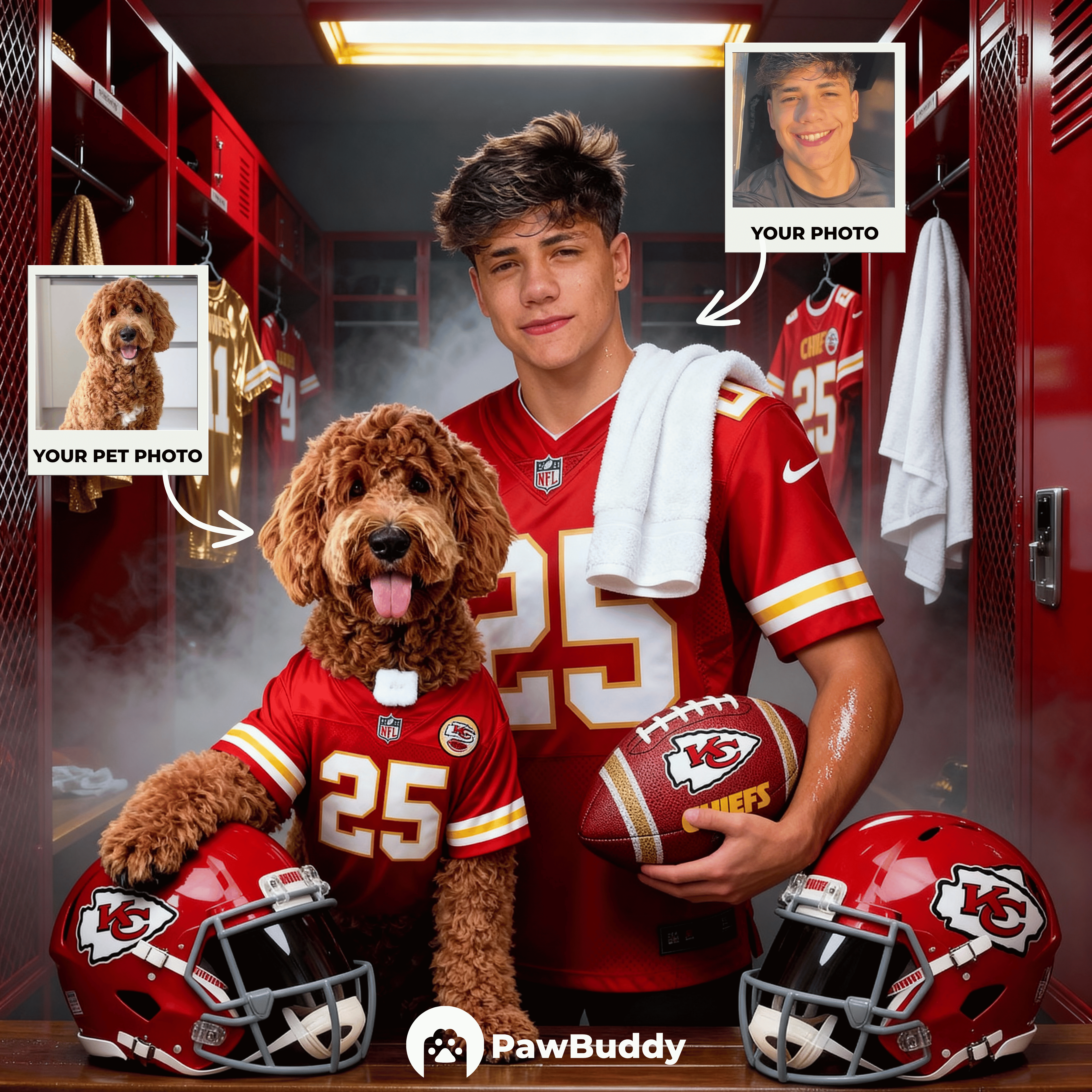 Custom Human & Pet Portrait Crimson Victory Football Digital Artwork - Personalized High-Resolution Artwork for Pet Lovers, Perfect for Online Sharing or as a Unique Sports Keepsake