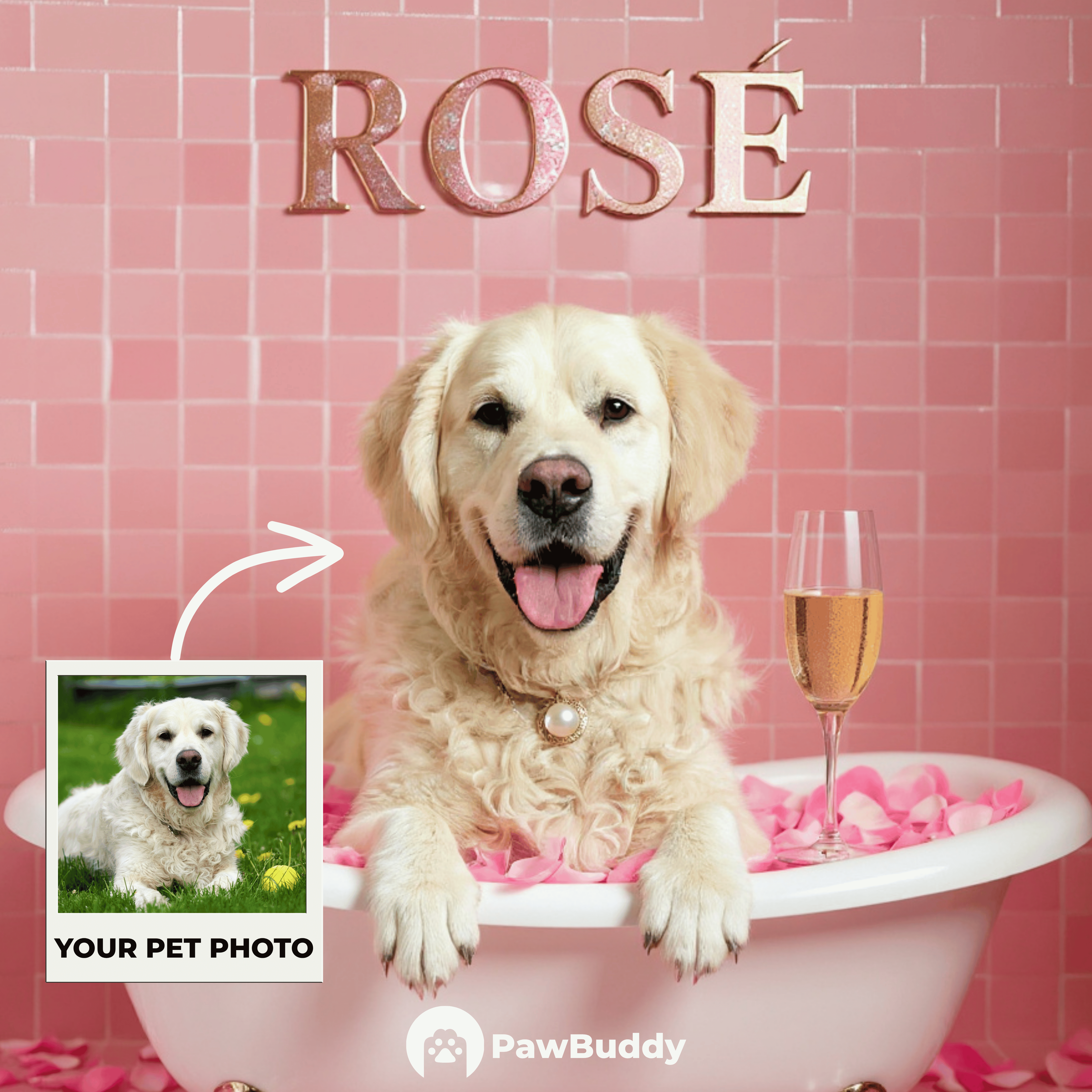 Custom Pet Portrait Pink Rose Bath Bliss Digital Artwork - Personalized High-Resolution Artwork for Pet Lovers, Perfect for Online Sharing or as a Unique Luxury-Themed Keepsake