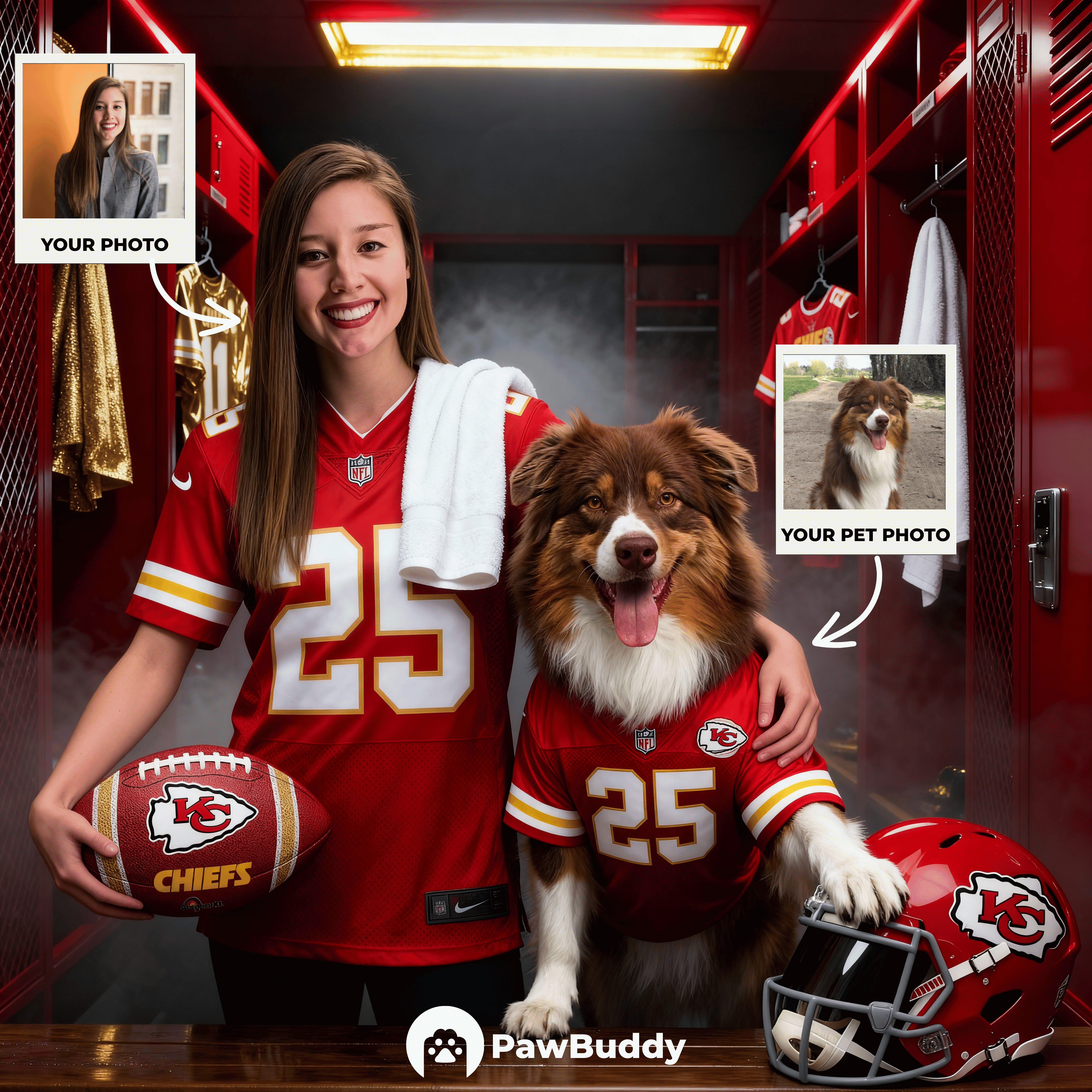 Custom Human & Pet Portrait Crimson Victory Football Digital Artwork - Personalized High-Resolution Artwork for Pet Lovers, Perfect for Online Sharing or as a Unique Sports Keepsake