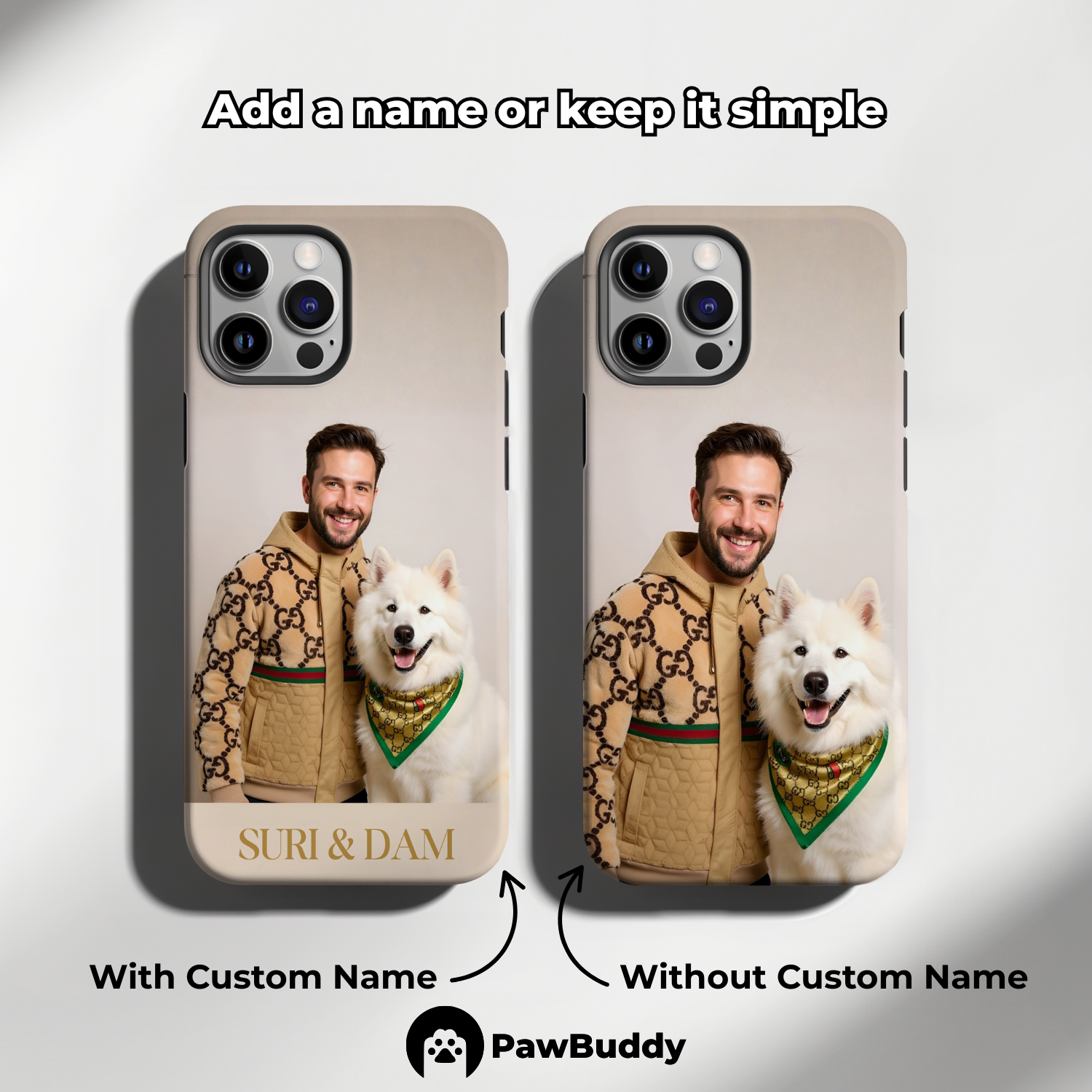 Custom Human & Pet Phone Case for iPhone 11–17, Personalized Classic Luxury Beige Studio Portrait Design, Dual-Layer Shockproof PC+TPU Protective Cover with Glossy Wraparound Printing, Unique Gift for Pet Lovers