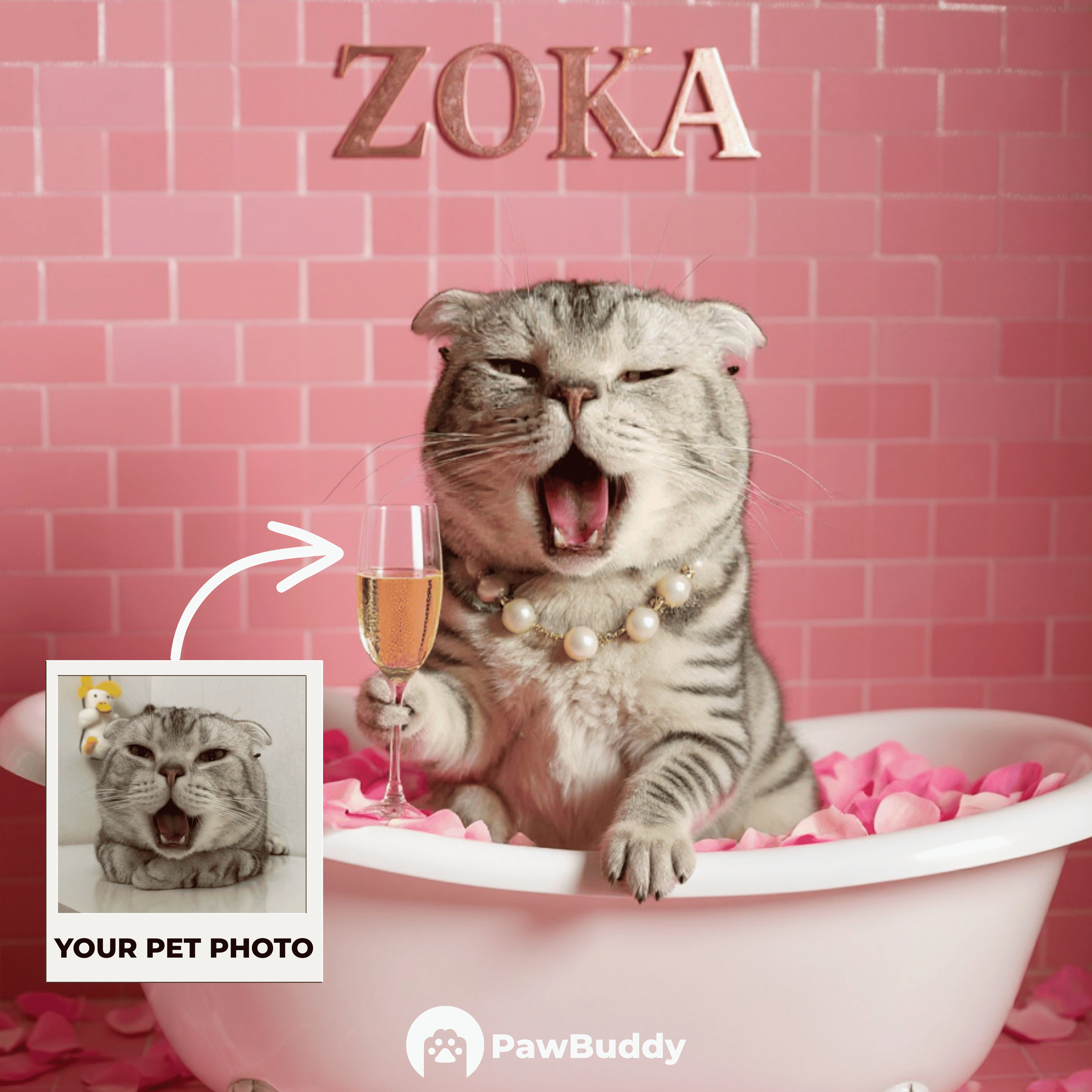 Custom Pet Portrait Pink Rose Bath Bliss Digital Artwork - Personalized High-Resolution Artwork for Pet Lovers, Perfect for Online Sharing or as a Unique Luxury-Themed Keepsake