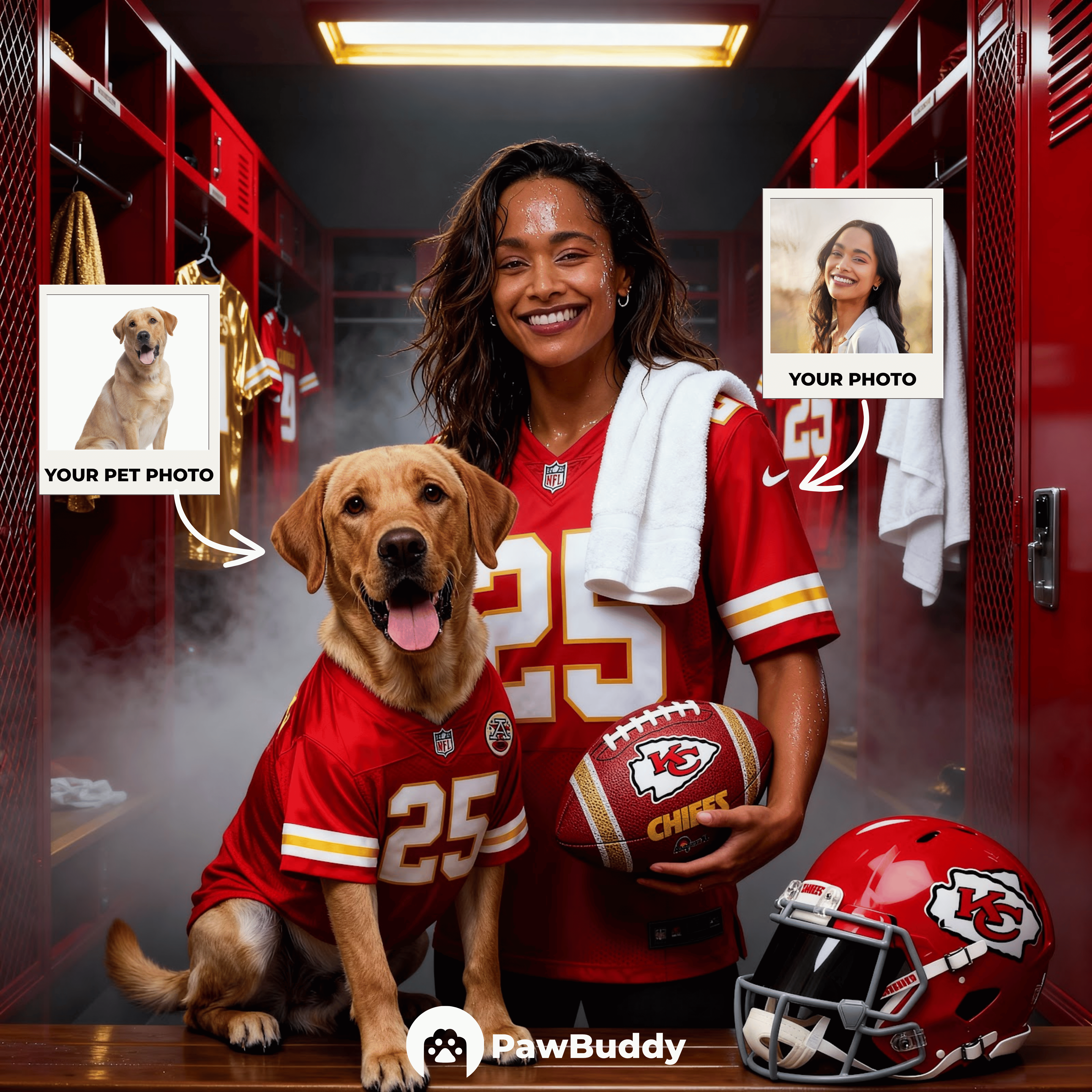 Custom Human & Pet Portrait Crimson Victory Football Digital Artwork - Personalized High-Resolution Artwork for Pet Lovers, Perfect for Online Sharing or as a Unique Sports Keepsake