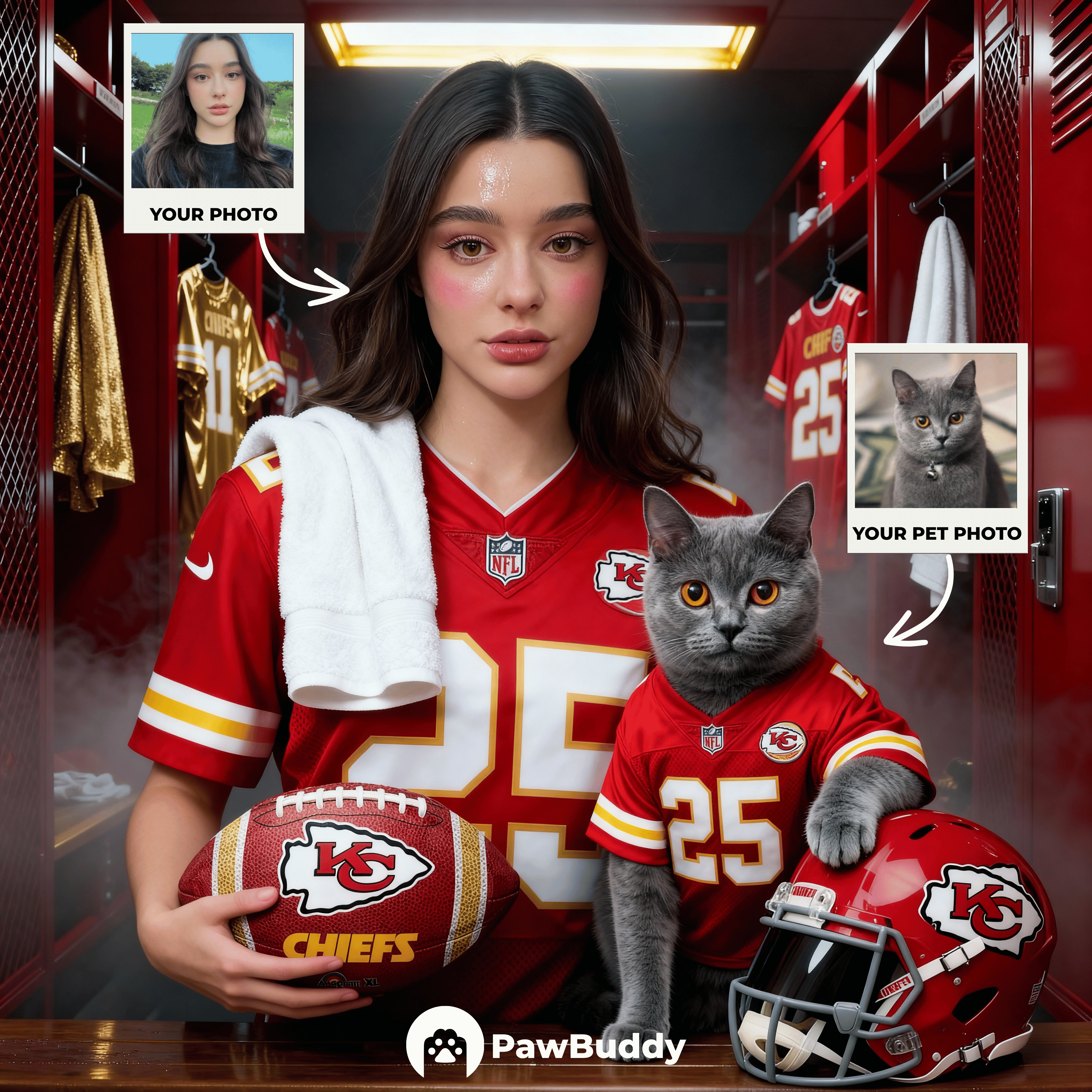 Custom Human & Pet Portrait Crimson Victory Football Digital Artwork - Personalized High-Resolution Artwork for Pet Lovers, Perfect for Online Sharing or as a Unique Sports Keepsake
