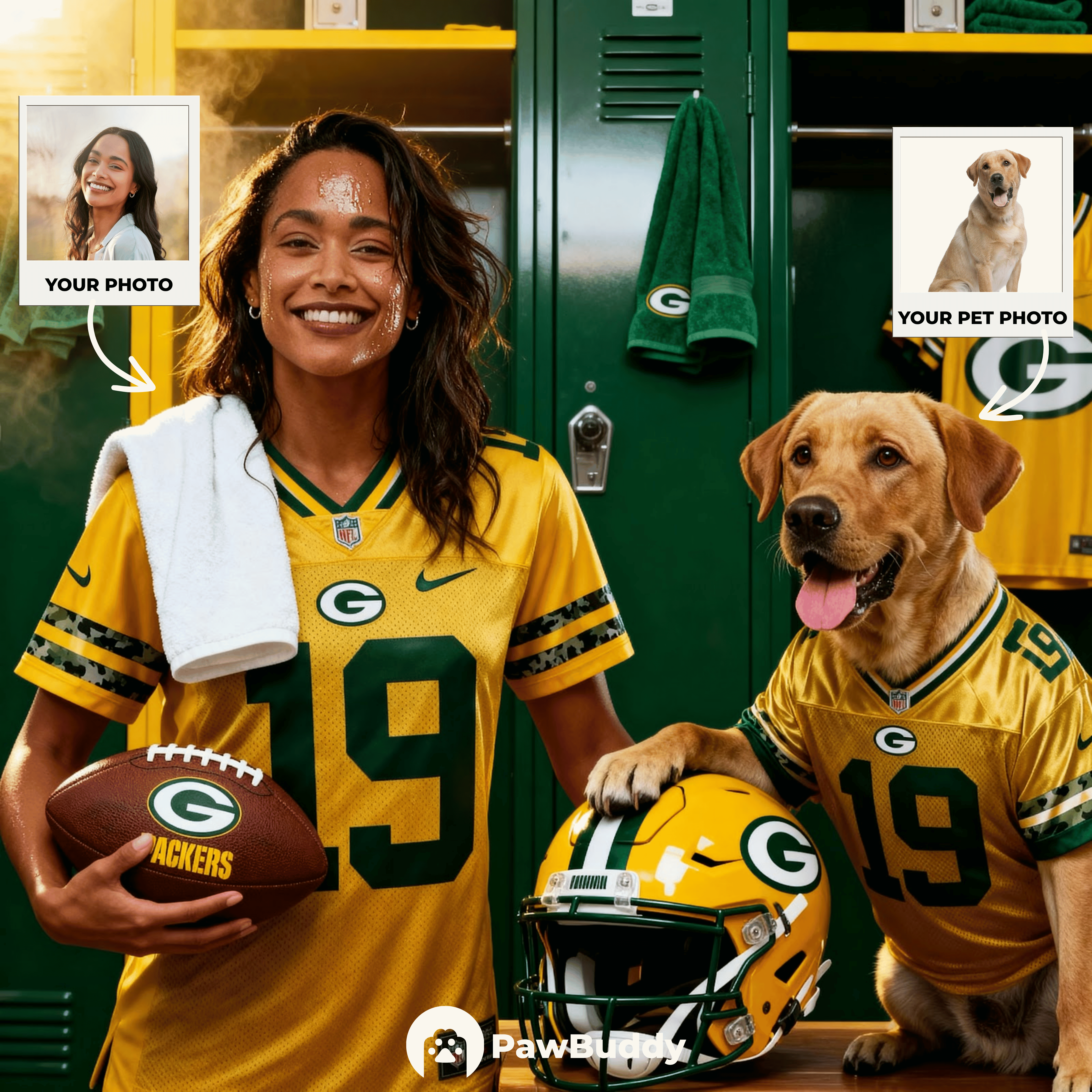 Custom Human & Pet Portrait Emerald Drive Football Digital Artwork - Personalized High Resolution Artwork for Pet Lovers, Perfect for Online Sharing or as a Unique Sports Keepsake