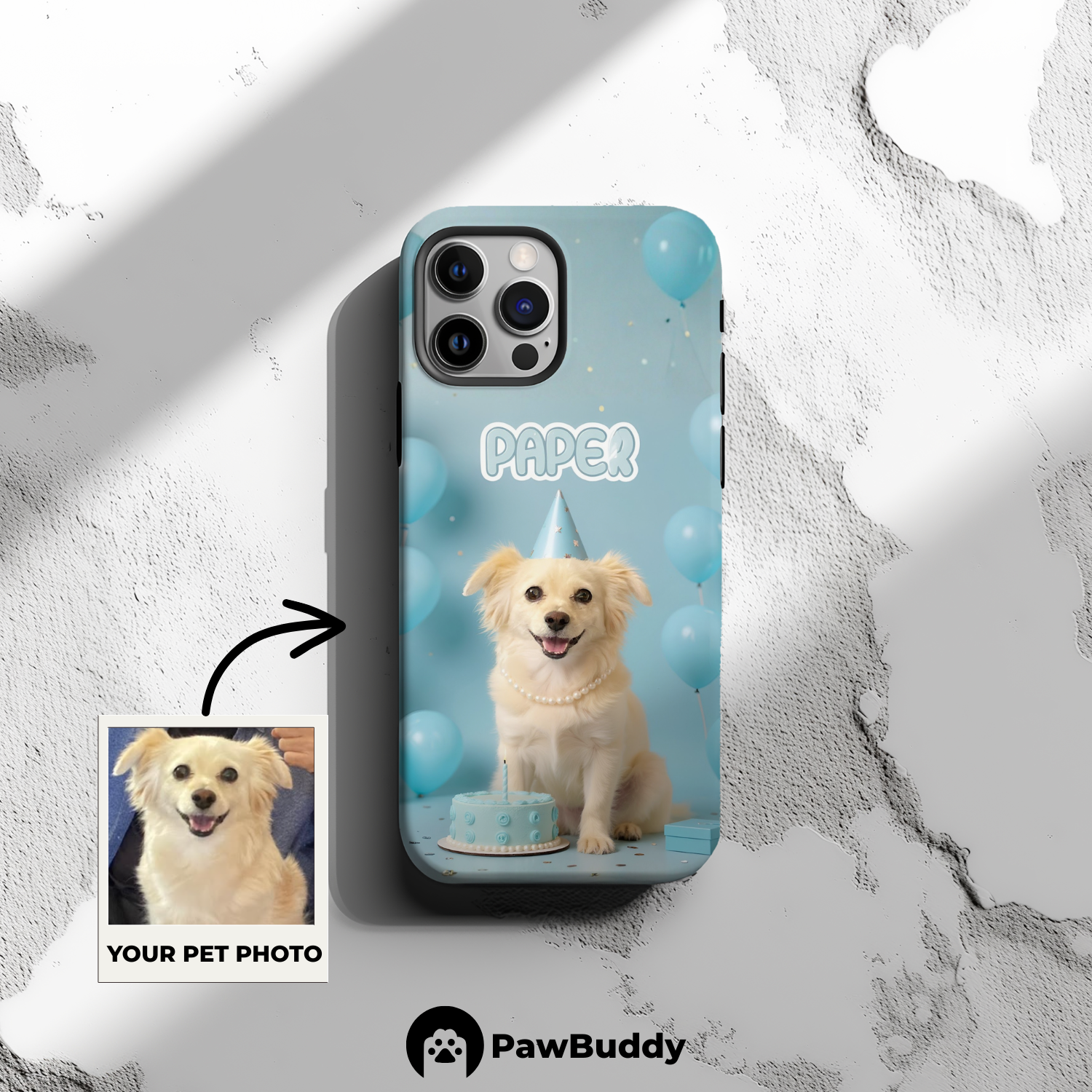 Custom Pet Phone Case for iPhone 11–17, Personalized Sky Blue Birthday Celebration Design, Dual-Layer Shockproof PC+TPU Protective Cover with Glossy Wraparound Printing, Unique Gift for Pet Lovers
