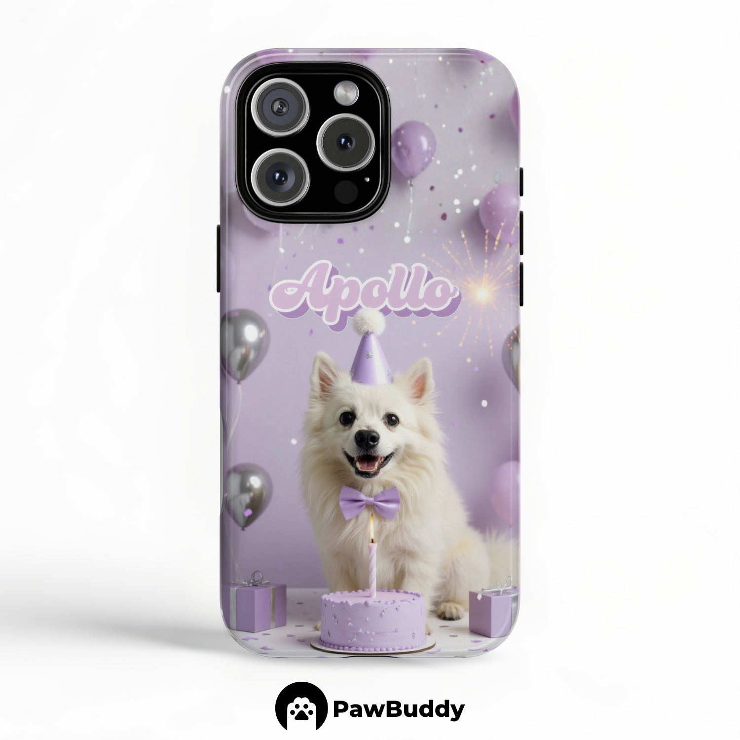 Custom Pet Phone Case for iPhone 11–17, Personalized Purple Birthday Celebration Design, Dual-Layer Shockproof PC+TPU Protective Cover with Glossy Wraparound Printing, Unique Gift for Pet Lovers