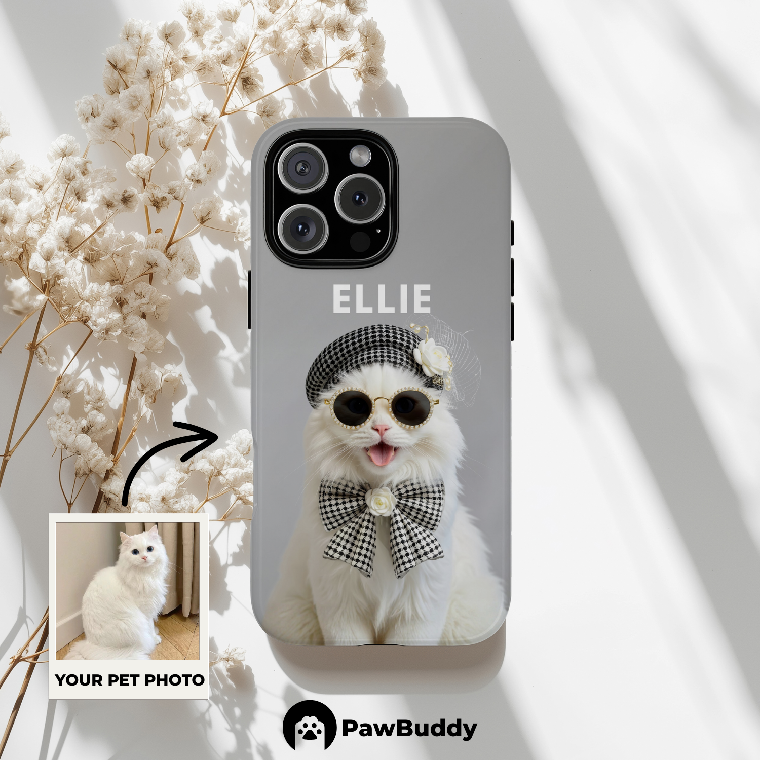 Custom Pet Phone Case for iPhone 11–17, Personalized Chic Gray Beret Studio Portrait Design, Dual-Layer Shockproof PC+TPU Protective Cover with Glossy Wraparound Printing, Unique Gift for Pet Lovers