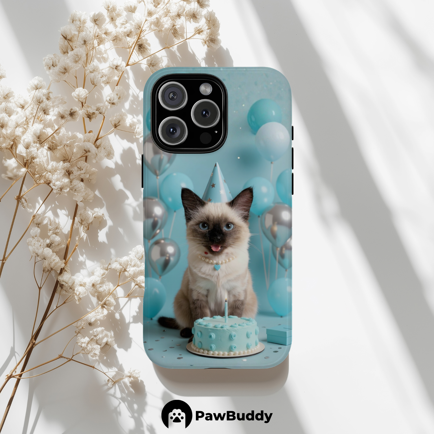 Custom Pet Phone Case for iPhone 11–17, Personalized Sky Blue Birthday Celebration Design, Dual-Layer Shockproof PC+TPU Protective Cover with Glossy Wraparound Printing, Unique Gift for Pet Lovers