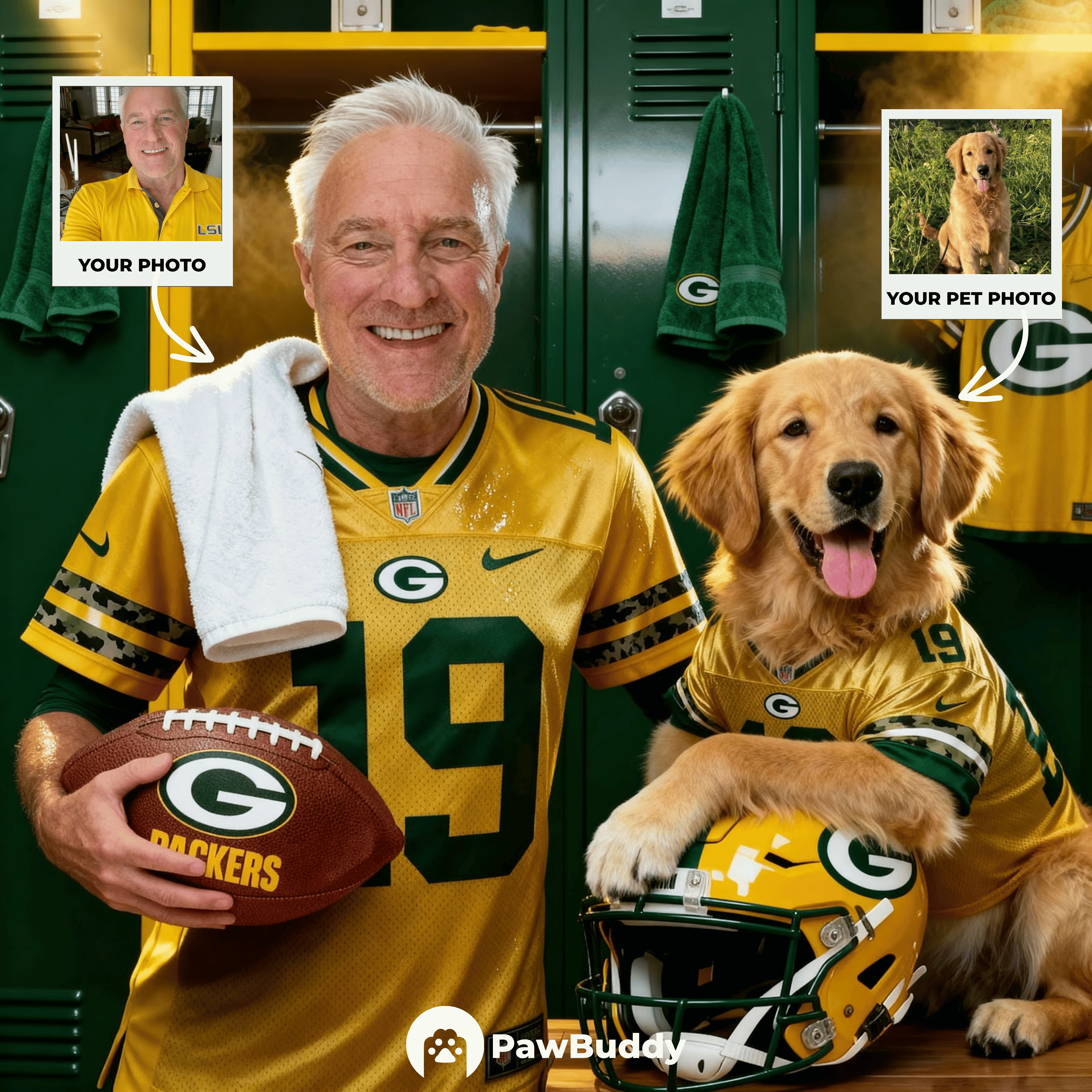 Custom Human & Pet Portrait Emerald Drive Football Digital Artwork - Personalized High Resolution Artwork for Pet Lovers, Perfect for Online Sharing or as a Unique Sports Keepsake