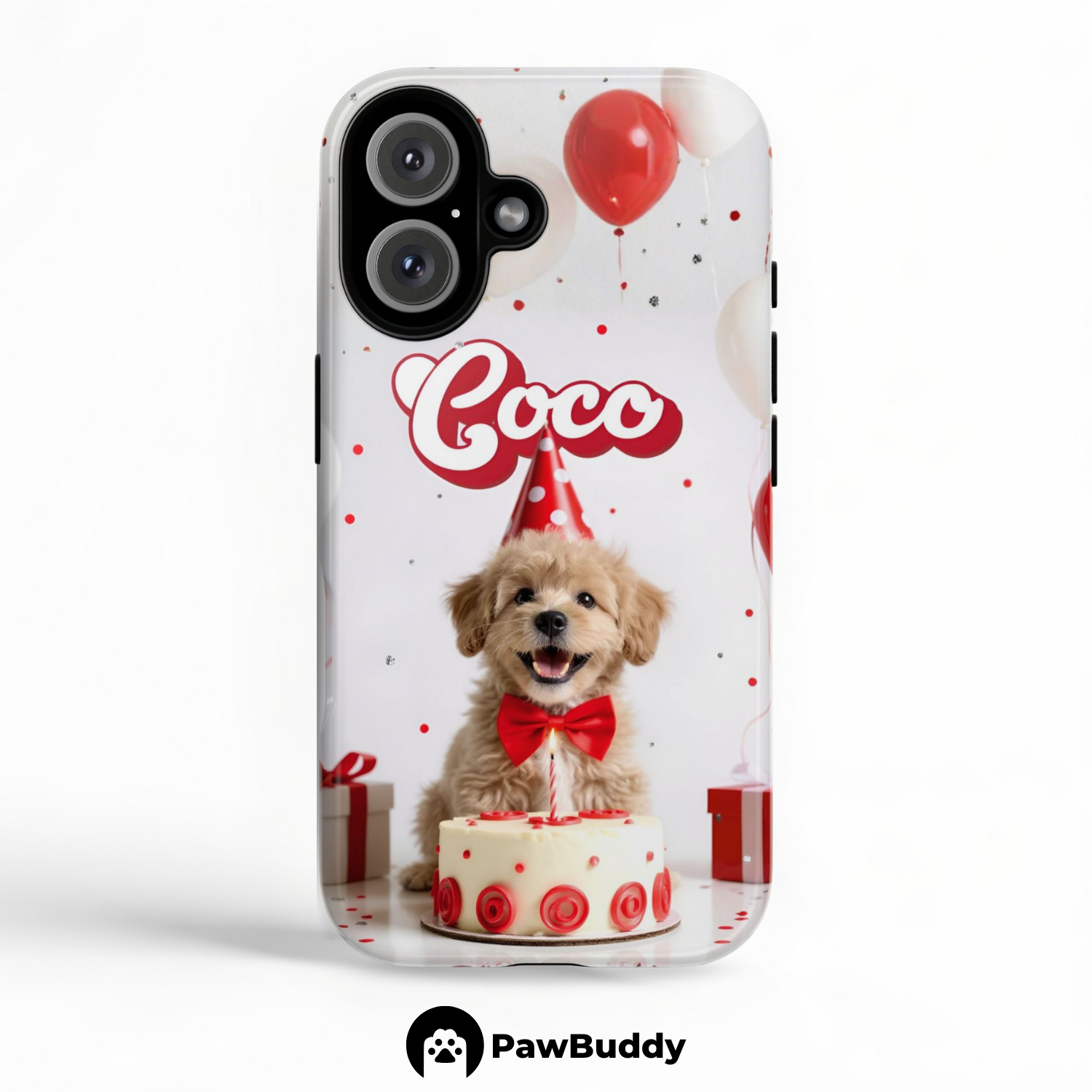 Custom Pet Phone Case for iPhone 11–17, Personalized Red Birthday Celebration Design, Dual-Layer Shockproof PC+TPU Protective Cover with Glossy Wraparound Printing, Unique Gift for Pet Lovers