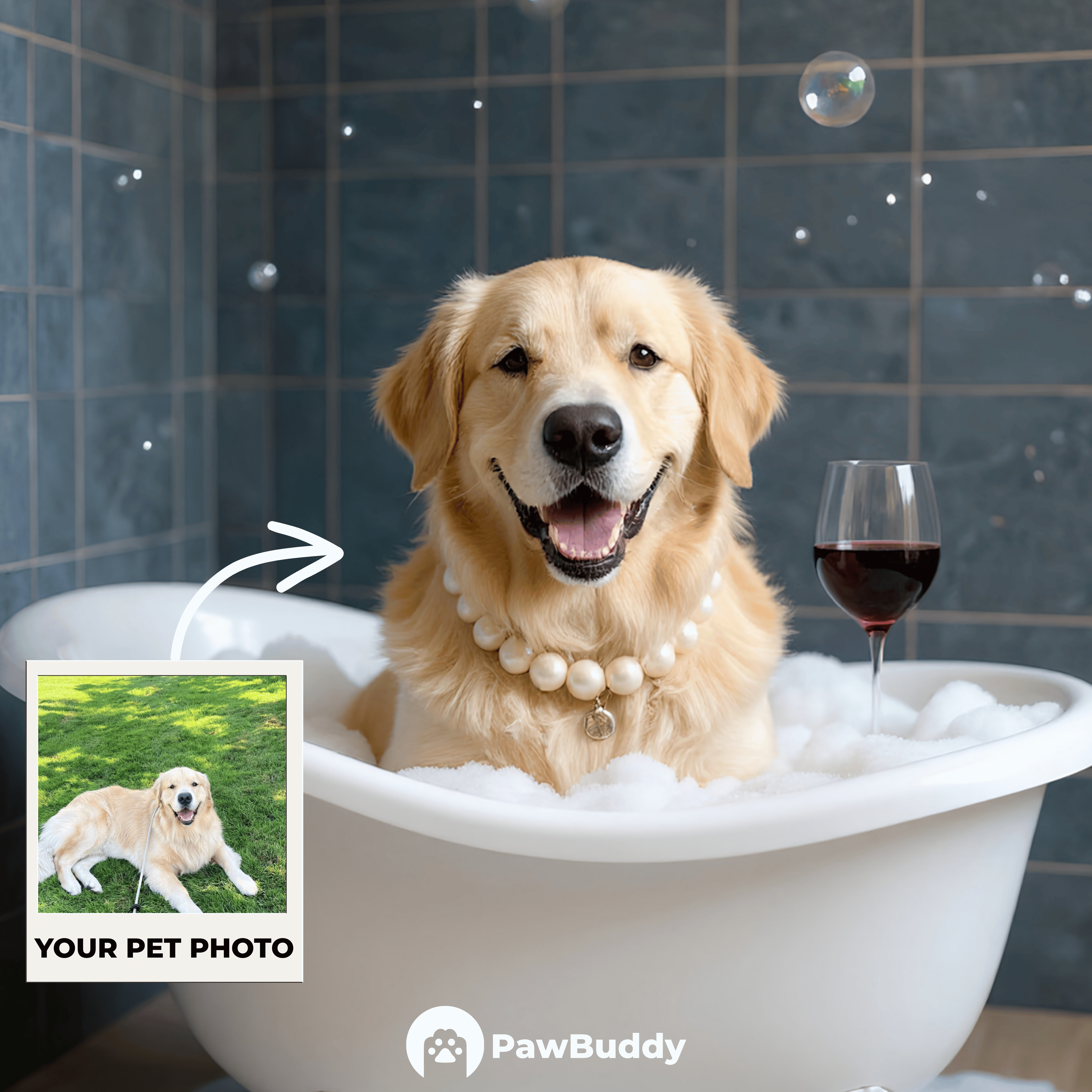 Custom Pet Portrait Blue Velvet Bath Retreat Digital Artwork - Personalized High-Resolution Artwork for Pet Lovers, Perfect for Online Sharing or as a Unique Luxury-Themed Keepsake