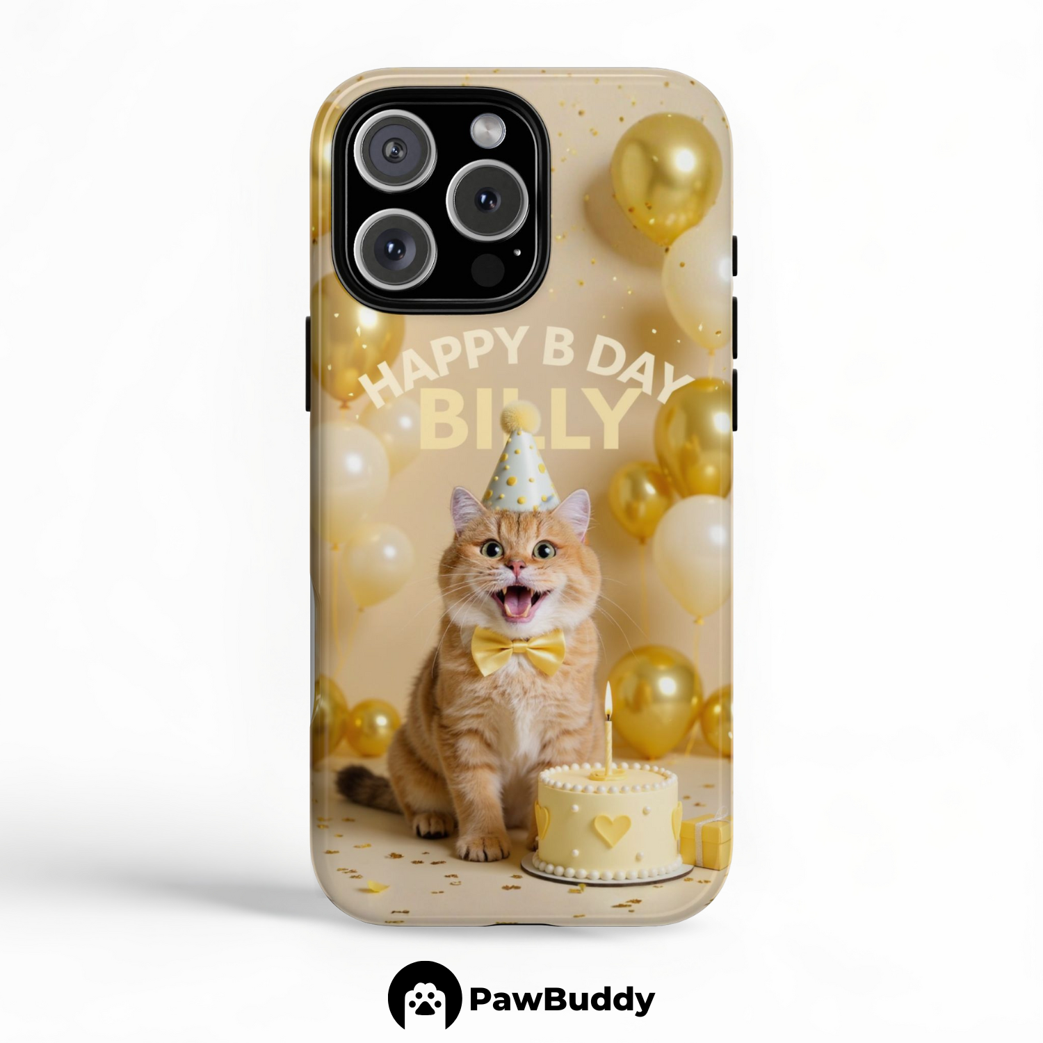 Custom Pet Phone Case for iPhone 11–17, Personalized Yellow Birthday Celebration Design, Dual-Layer Shockproof PC+TPU Protective Cover with Glossy Wraparound Printing, Unique Gift for Pet Lovers