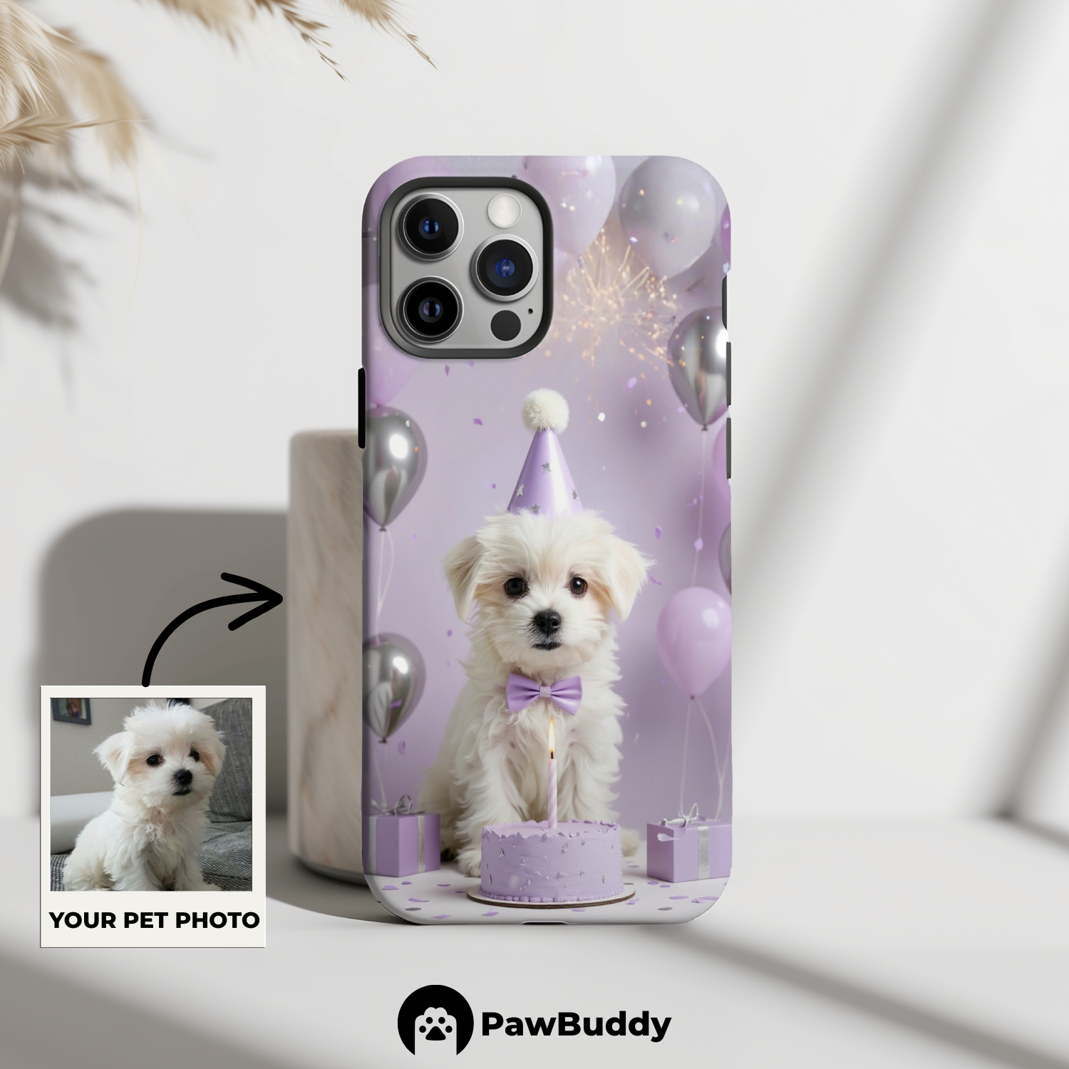 Custom Pet Phone Case for iPhone 11–17, Personalized Purple Birthday Celebration Design, Dual-Layer Shockproof PC+TPU Protective Cover with Glossy Wraparound Printing, Unique Gift for Pet Lovers