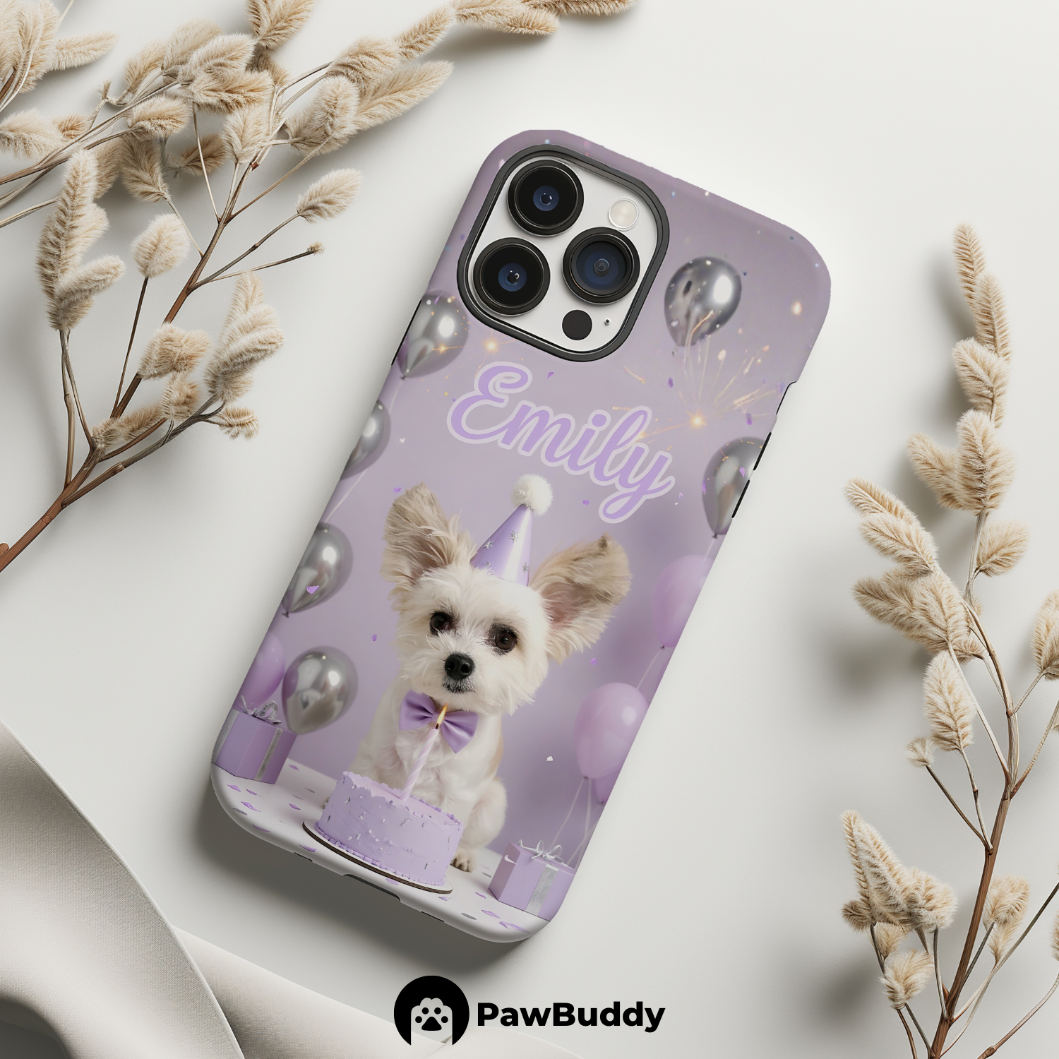 Custom Pet Phone Case for iPhone 11–17, Personalized Purple Birthday Celebration Design, Dual-Layer Shockproof PC+TPU Protective Cover with Glossy Wraparound Printing, Unique Gift for Pet Lovers