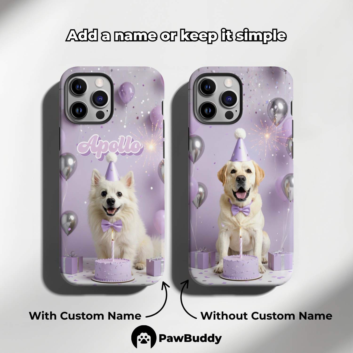 Custom Pet Phone Case for iPhone 11–17, Personalized Purple Birthday Celebration Design, Dual-Layer Shockproof PC+TPU Protective Cover with Glossy Wraparound Printing, Unique Gift for Pet Lovers