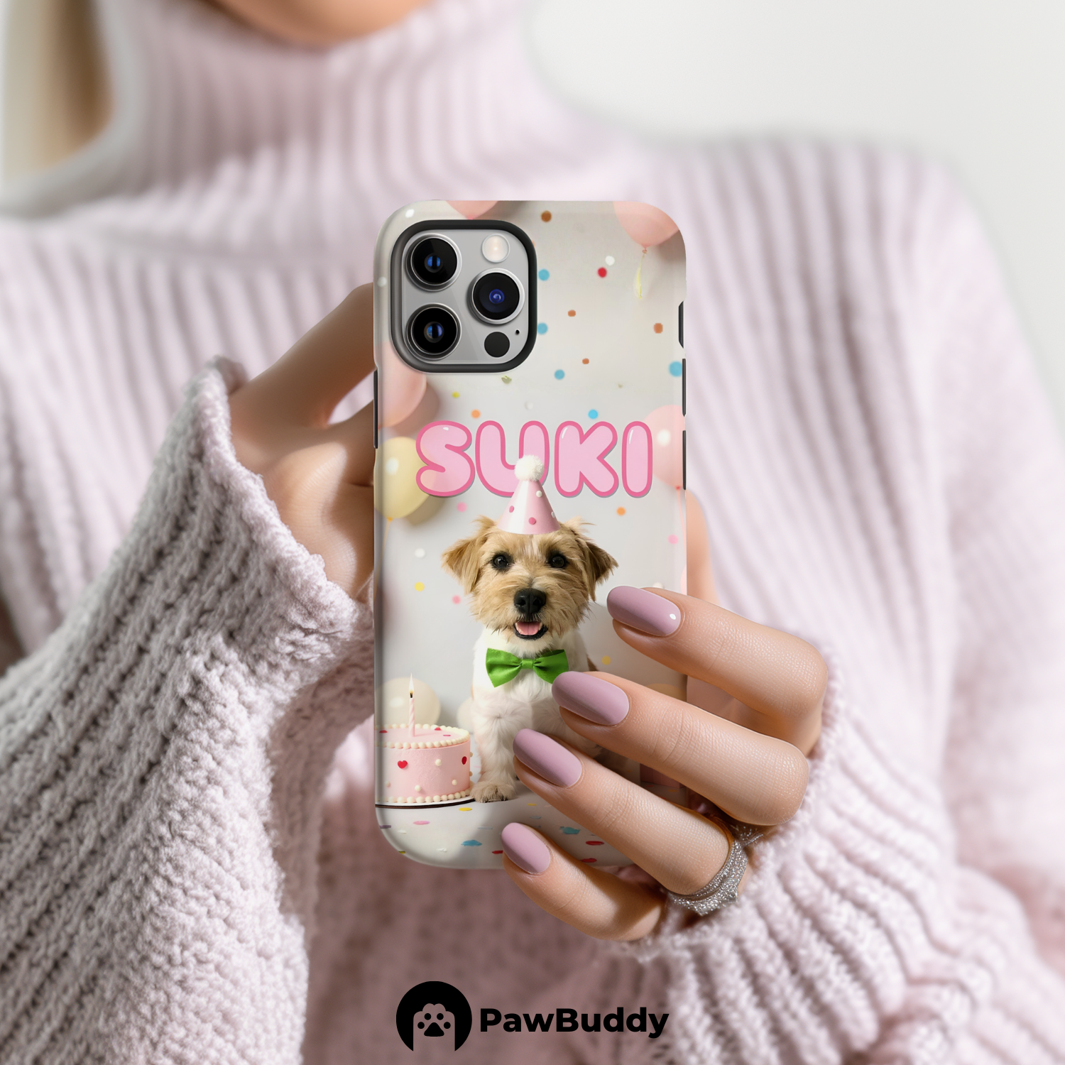 Custom Pet Phone Case for iPhone 11–17, Personalized Pink Birthday Celebration Design, Dual-Layer Shockproof PC+TPU Protective Cover with Glossy Wraparound Printing, Unique Gift for Pet Lovers