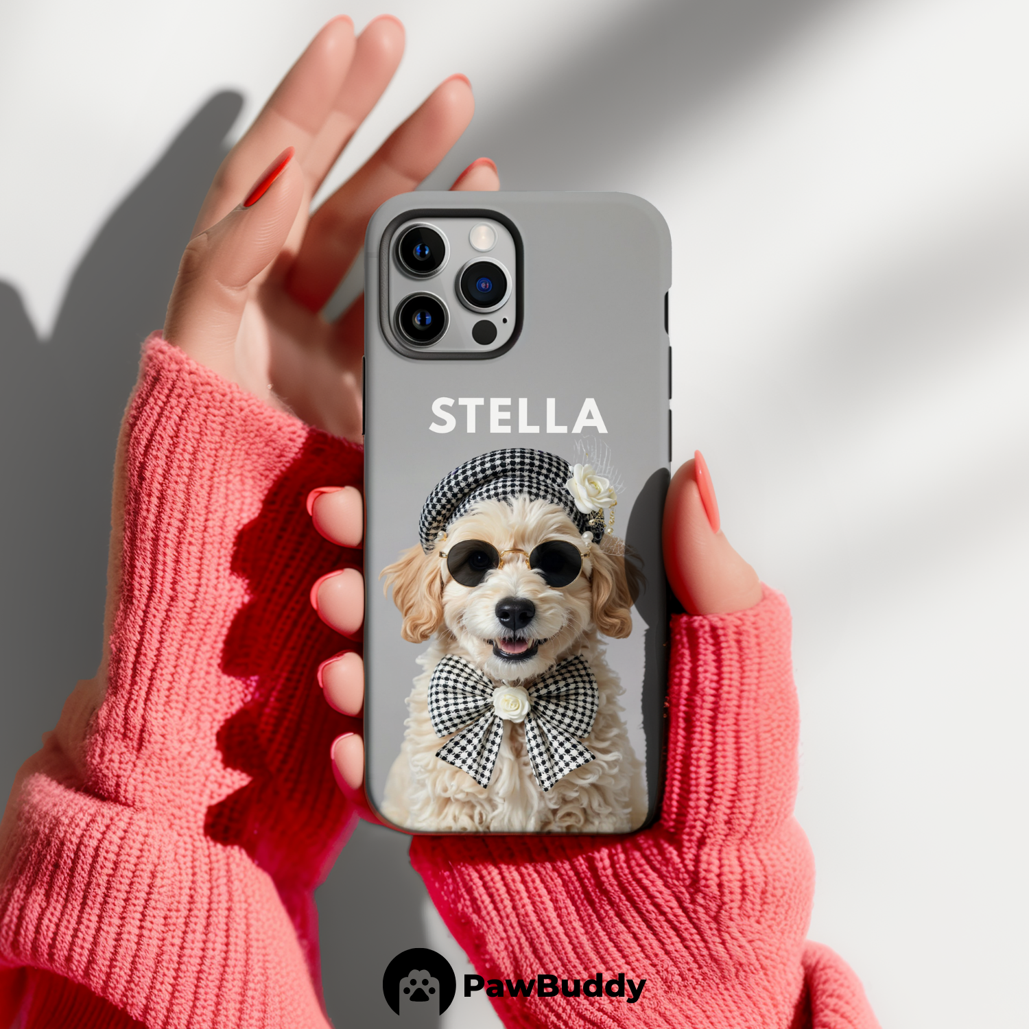 Custom Pet Phone Case for iPhone 11–17, Personalized Chic Gray Beret Studio Portrait Design, Dual-Layer Shockproof PC+TPU Protective Cover with Glossy Wraparound Printing, Unique Gift for Pet Lovers