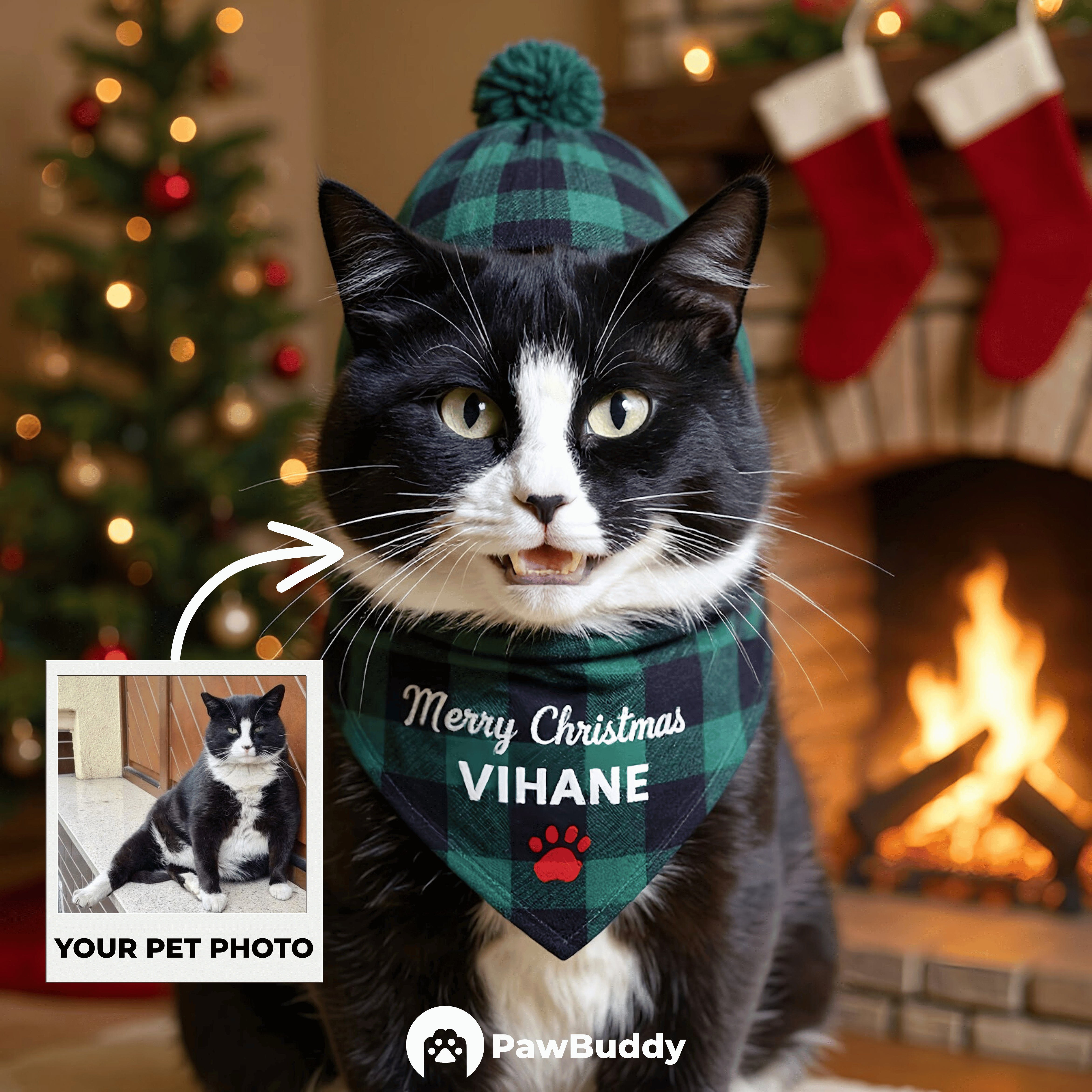 Custom Pet Portrait Cozy Fireplace Christmas Style Digital Artwork – Personalized High-Resolution Artwork for Pet Lovers, Perfect for Online Sharing or as a Unique Holiday Keepsake
