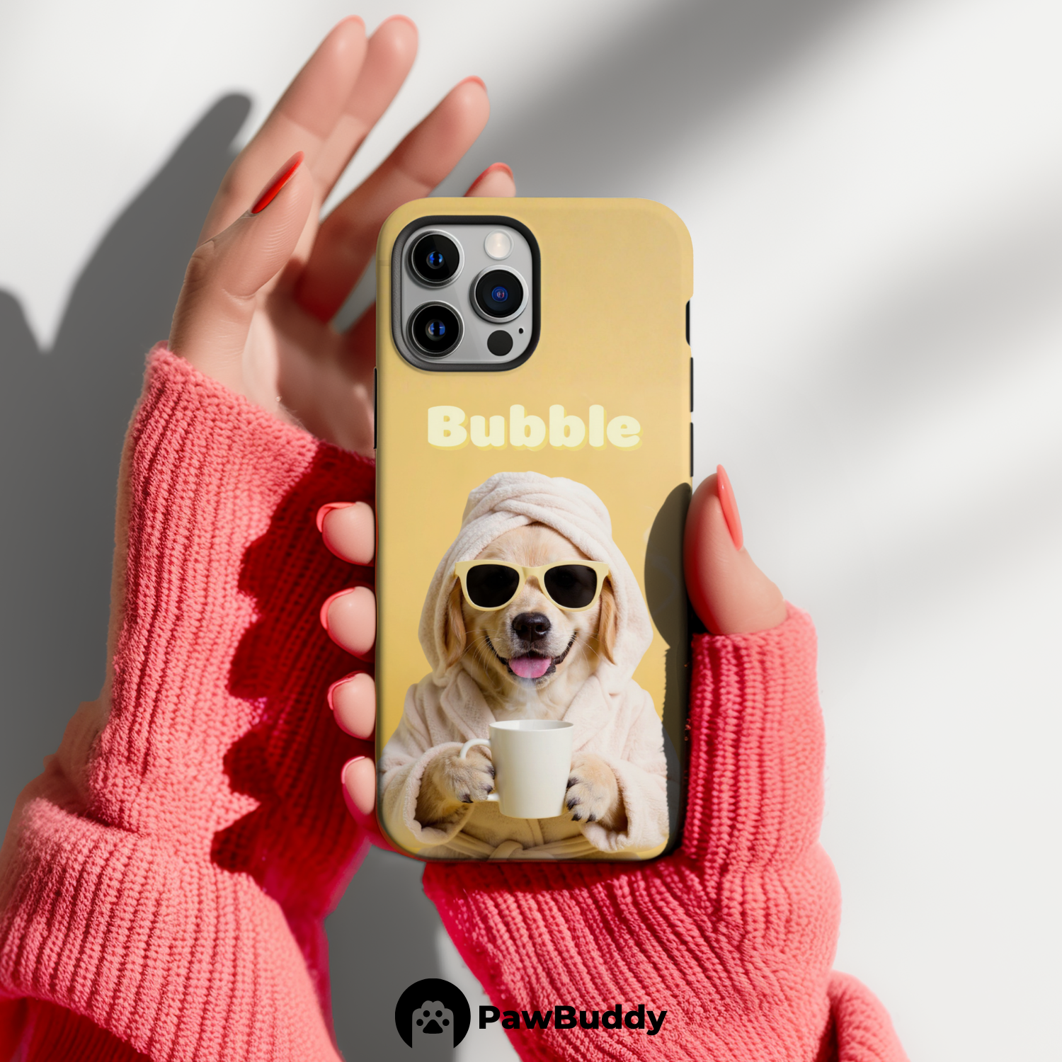 Custom Pet Phone Case for iPhone 11–17, Personalized Sunny Yellow Spa Day Cheerful Mood Design, Dual-Layer Shockproof PC+TPU Protective Cover with Glossy Wraparound Printing, Unique Gift for Pet Lovers