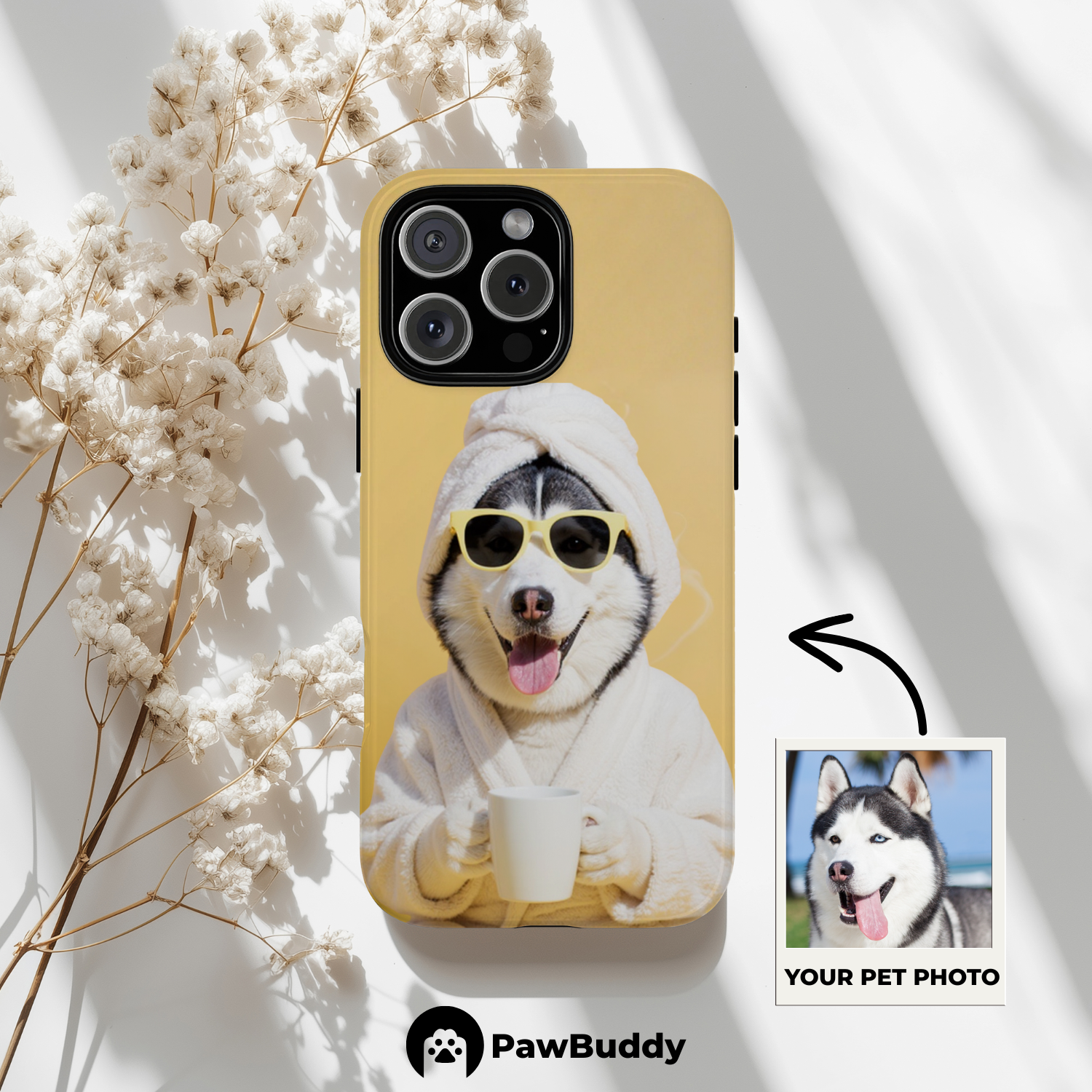 Custom Pet Phone Case for iPhone 11–17, Personalized Sunny Yellow Spa Day Cheerful Mood Design, Dual-Layer Shockproof PC+TPU Protective Cover with Glossy Wraparound Printing, Unique Gift for Pet Lovers