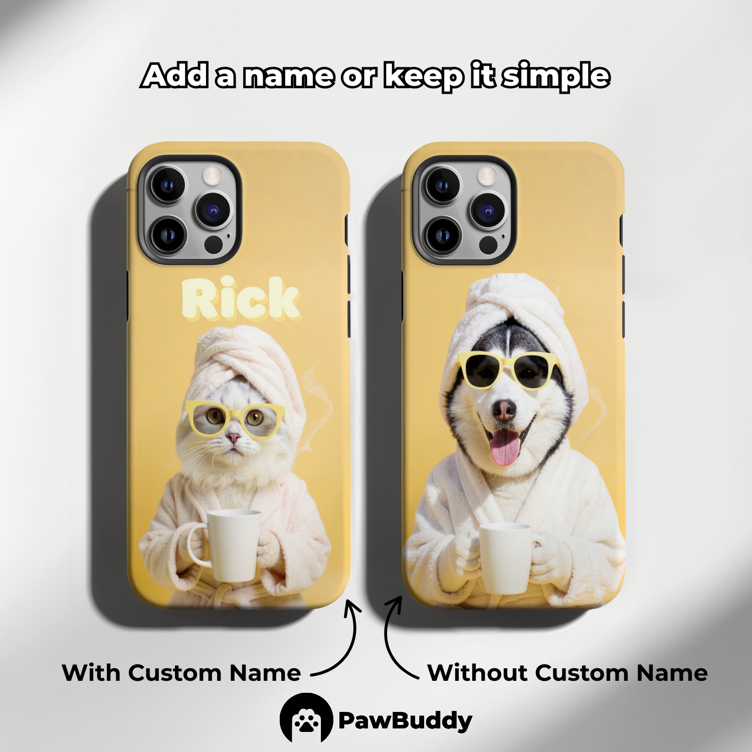 Custom Pet Phone Case for iPhone 11–17, Personalized Sunny Yellow Spa Day Cheerful Mood Design, Dual-Layer Shockproof PC+TPU Protective Cover with Glossy Wraparound Printing, Unique Gift for Pet Lovers