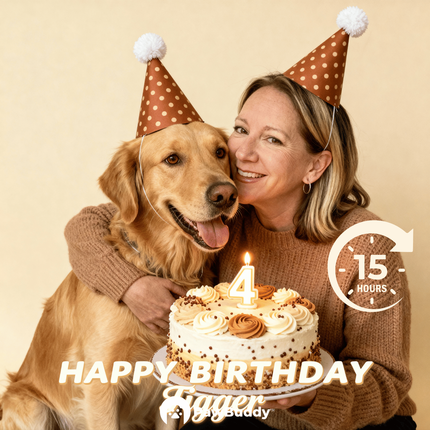 Custom Human & Pet Portrait Birthday Studio Beige Theme Digital Artwork - Personalized High Resolution Artwork for Pet Lovers, Perfect for Online Sharing or as a Unique Birthday Keepsake