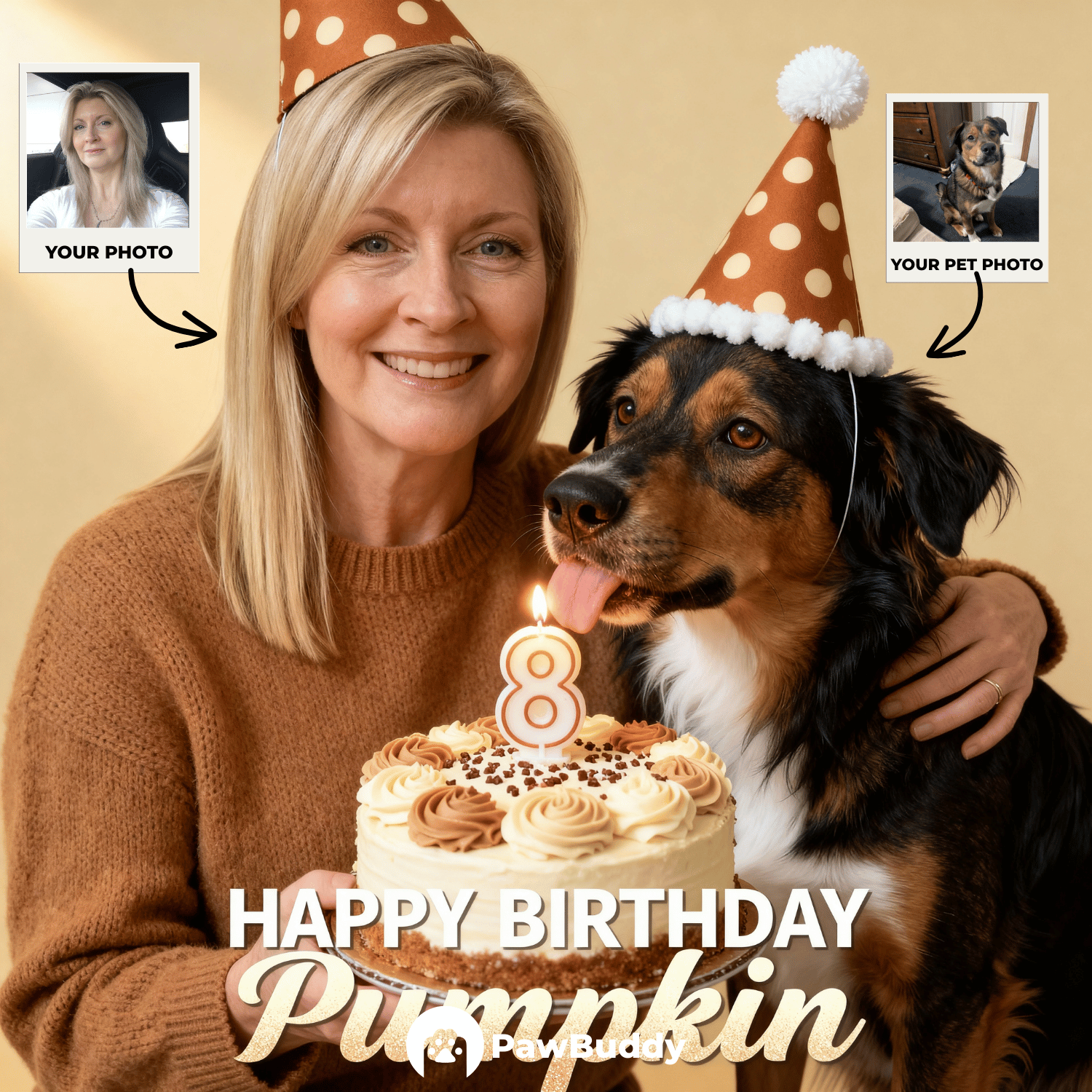 Custom Human & Pet Portrait Birthday Studio Beige Theme Digital Artwork - Personalized High Resolution Artwork for Pet Lovers, Perfect for Online Sharing or as a Unique Birthday Keepsake