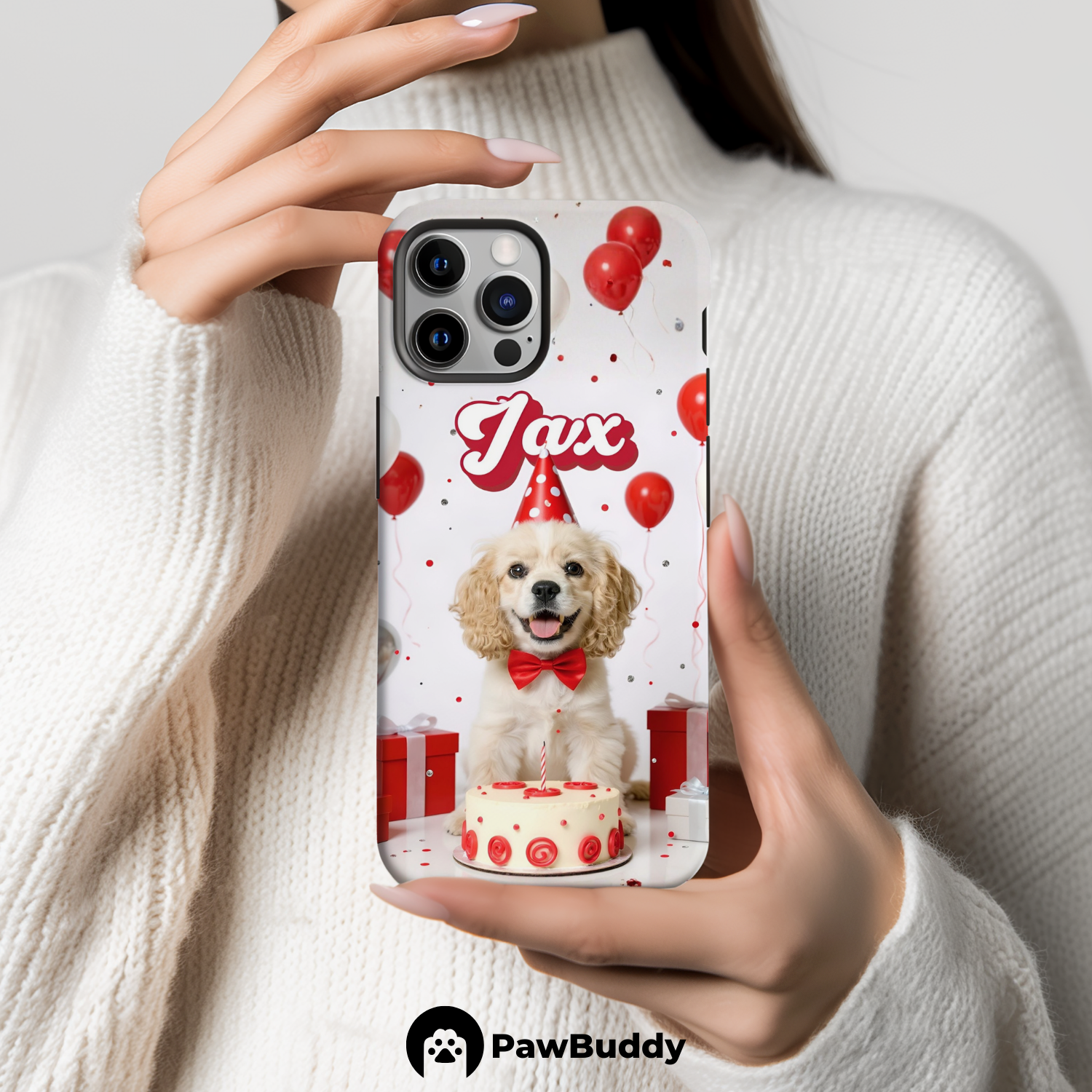 Custom Pet Phone Case for iPhone 11–17, Personalized Red Birthday Celebration Design, Dual-Layer Shockproof PC+TPU Protective Cover with Glossy Wraparound Printing, Unique Gift for Pet Lovers