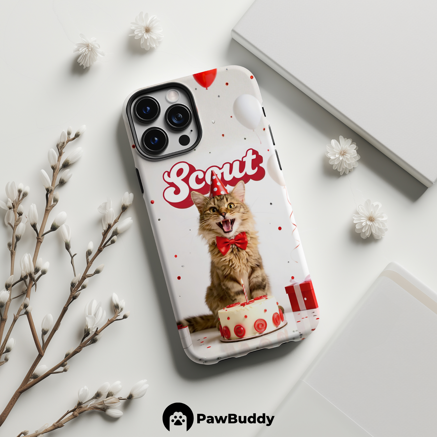 Custom Pet Phone Case for iPhone 11–17, Personalized Red Birthday Celebration Design, Dual-Layer Shockproof PC+TPU Protective Cover with Glossy Wraparound Printing, Unique Gift for Pet Lovers