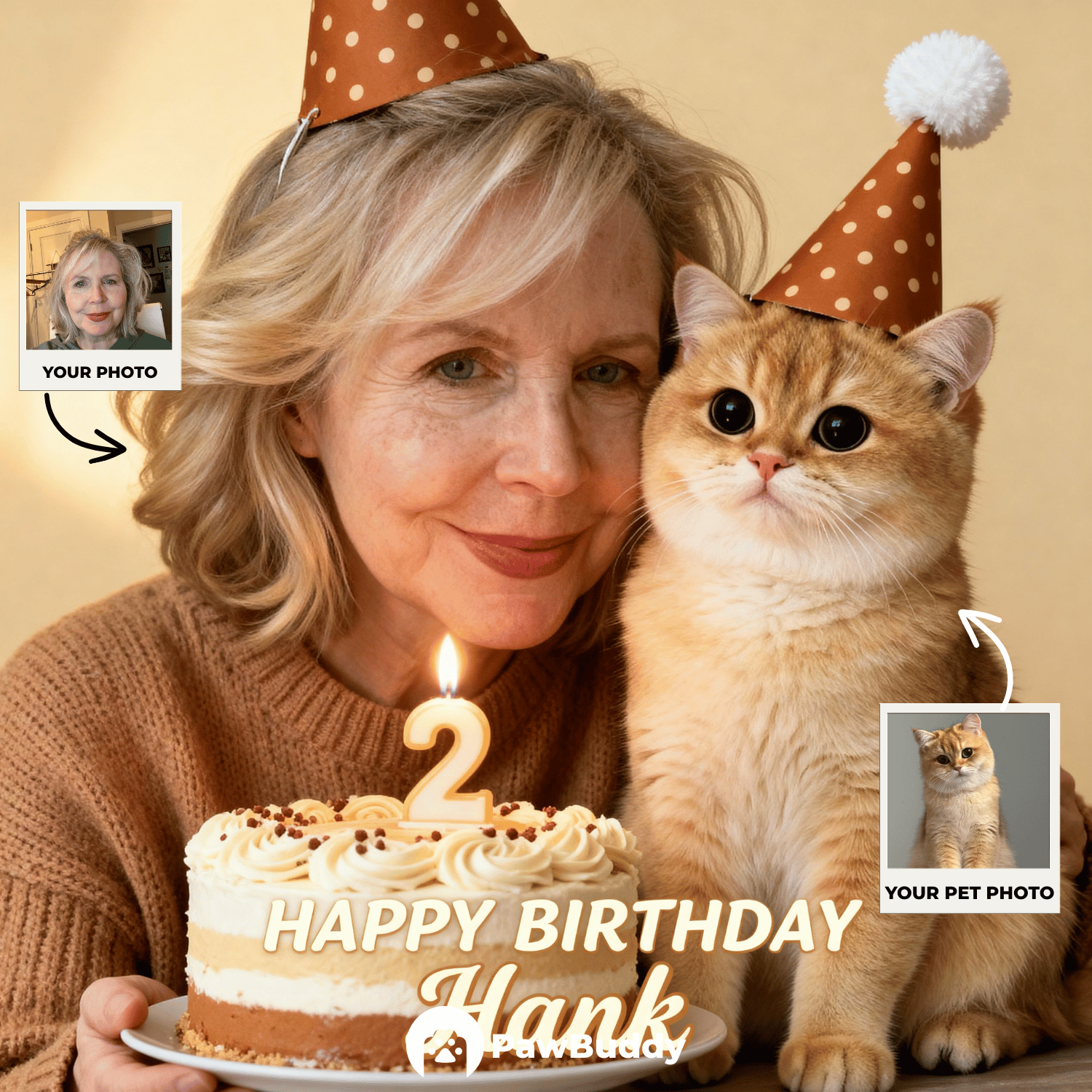 Custom Human & Pet Portrait Birthday Studio Beige Theme Digital Artwork - Personalized High Resolution Artwork for Pet Lovers, Perfect for Online Sharing or as a Unique Birthday Keepsake