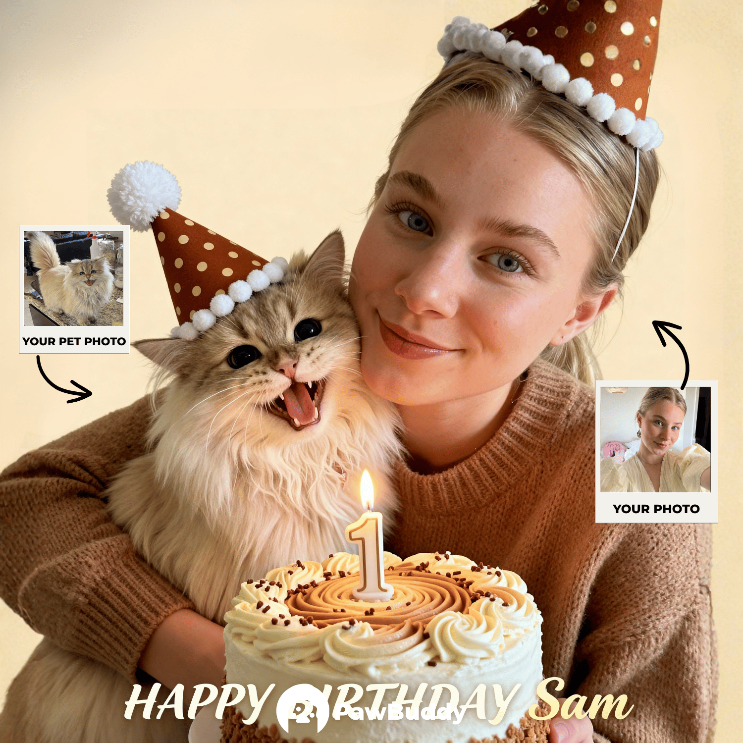 Custom Human & Pet Portrait Birthday Studio Beige Theme Digital Artwork - Personalized High Resolution Artwork for Pet Lovers, Perfect for Online Sharing or as a Unique Birthday Keepsake
