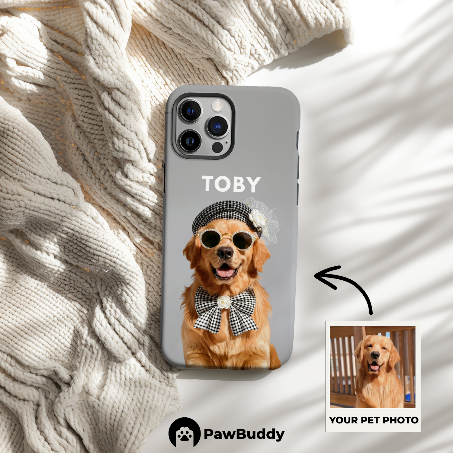 Custom Pet Phone Case for iPhone 11–17, Personalized Chic Gray Beret Studio Portrait Design, Dual-Layer Shockproof PC+TPU Protective Cover with Glossy Wraparound Printing, Unique Gift for Pet Lovers