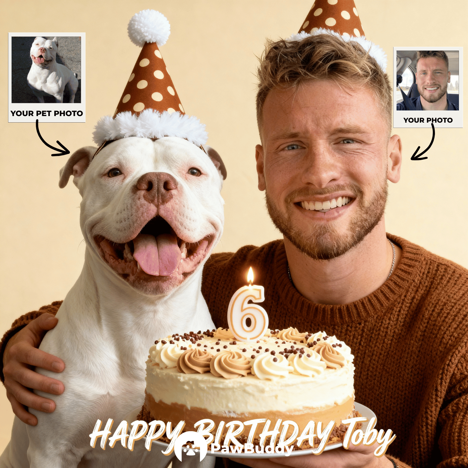 Custom Human & Pet Portrait Birthday Studio Beige Theme Digital Artwork - Personalized High Resolution Artwork for Pet Lovers, Perfect for Online Sharing or as a Unique Birthday Keepsake