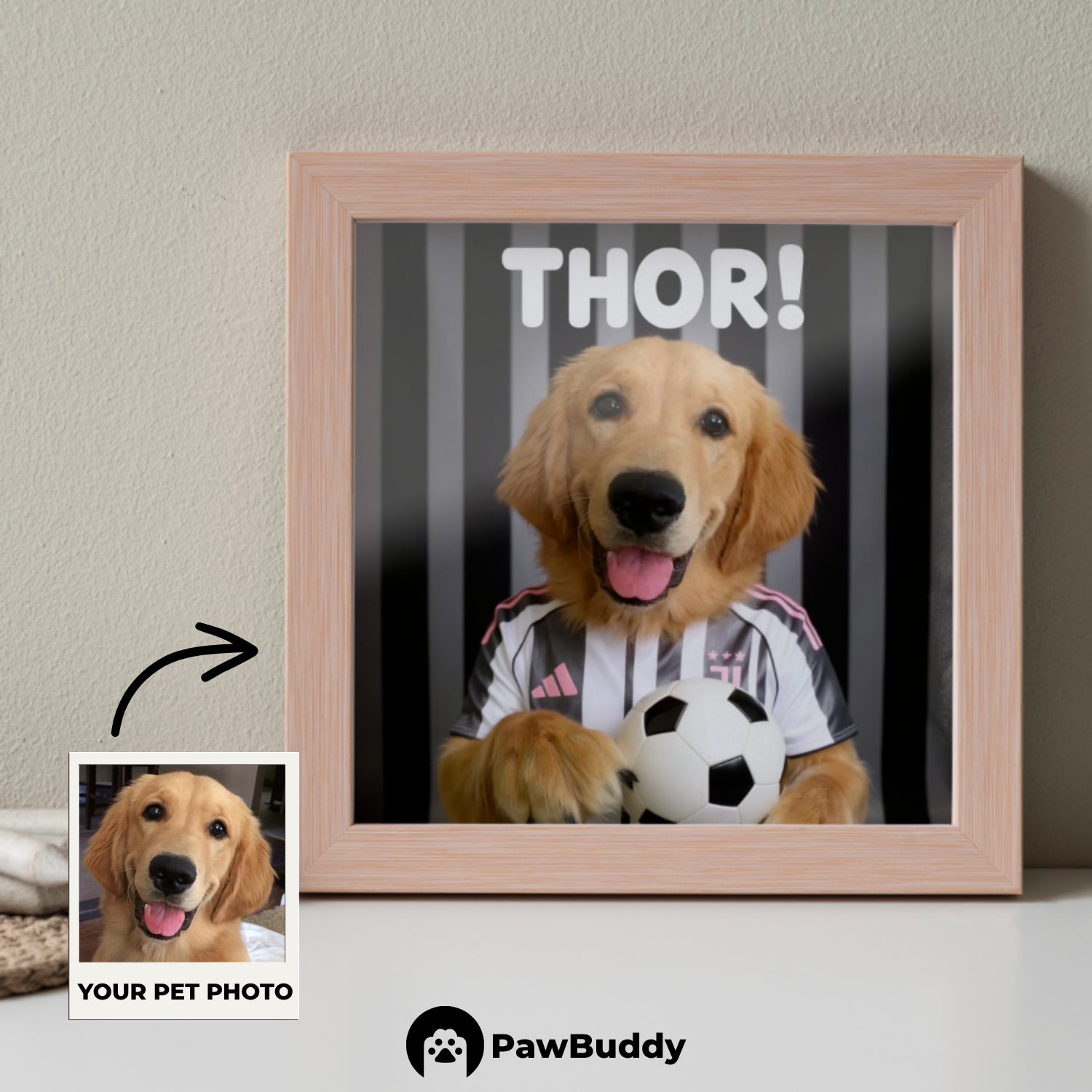 Custom Pet Poster Bold Striker Soccer Portrait – Personalized High-Resolution Matte Print for Wall Art, Home Decor, or Unique Gifts for Pet Lovers (Frame Not Included)