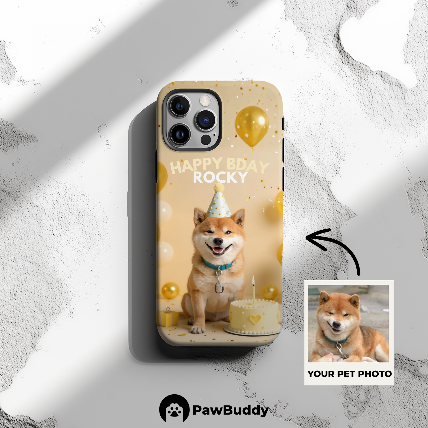 Custom Pet Phone Case for iPhone 11–17, Personalized Yellow Birthday Celebration Design, Dual-Layer Shockproof PC+TPU Protective Cover with Glossy Wraparound Printing, Unique Gift for Pet Lovers