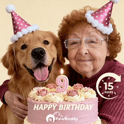 Custom Human & Pet Portrait Rosy Pink Birthday Studio Theme Digital Artwork - Personalized High Resolution Artwork for Pet Lovers, Perfect for Online Sharing or as a Unique Birthday Keepsake