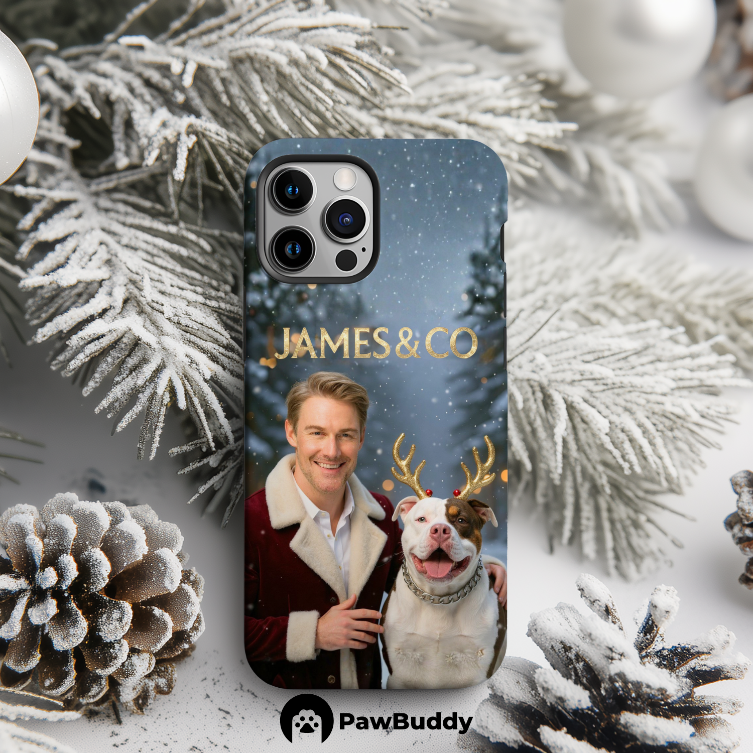Custom Human & Pet Phone Case for iPhone 11–17, Personalized Snowy Christmas Wonderland Pet Portrait Design, Dual-Layer Shockproof PC+TPU Protective Cover with Glossy Wraparound Printing, Unique Holiday Gift for Pet Lovers