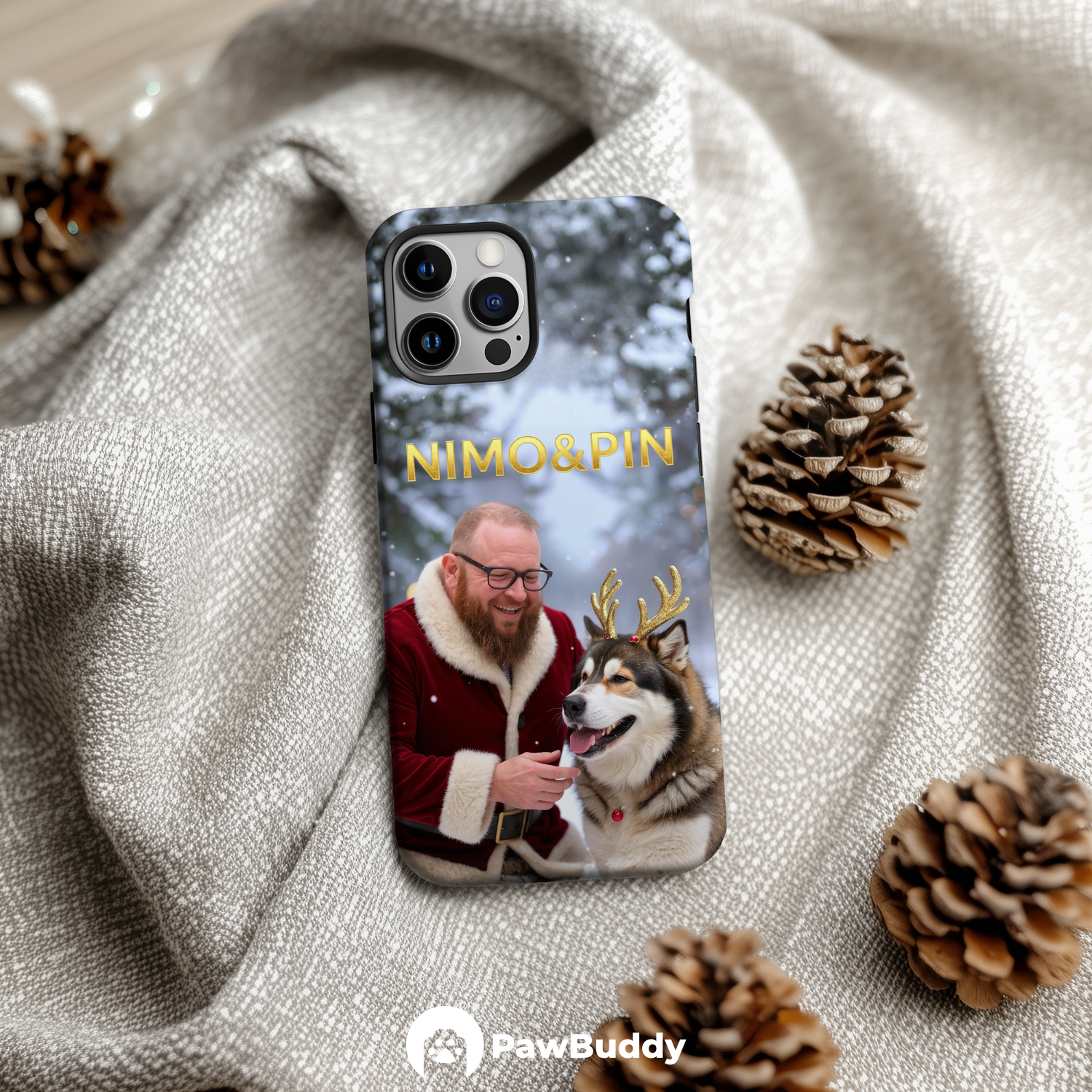 Custom Human & Pet Phone Case for iPhone 11–17, Personalized Snowy Christmas Wonderland Pet Portrait Design, Dual-Layer Shockproof PC+TPU Protective Cover with Glossy Wraparound Printing, Unique Holiday Gift for Pet Lovers